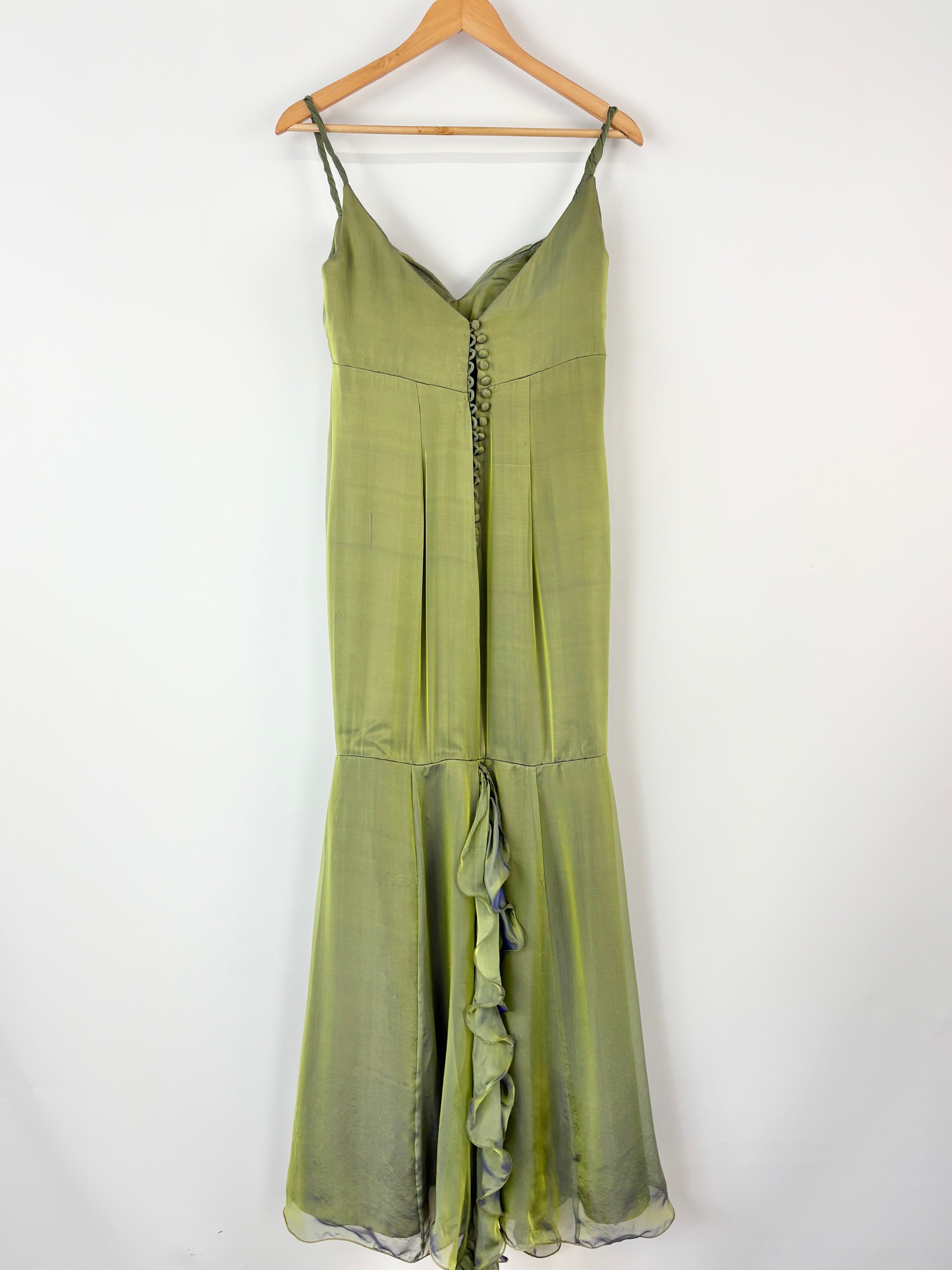 Fialora Vintage Satin-Iridescent Green Mermaid Style Ruffle Gown - AU8/10