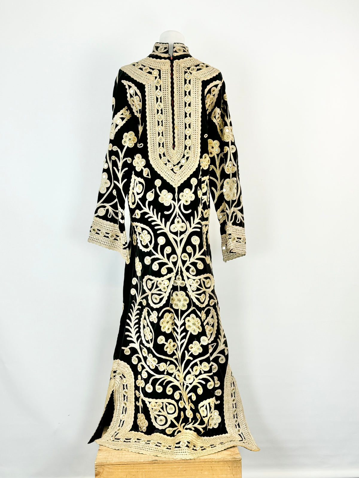 Vintage 70s Black Velvet & Gold Mirror Embellished Maxi Dress - AU10