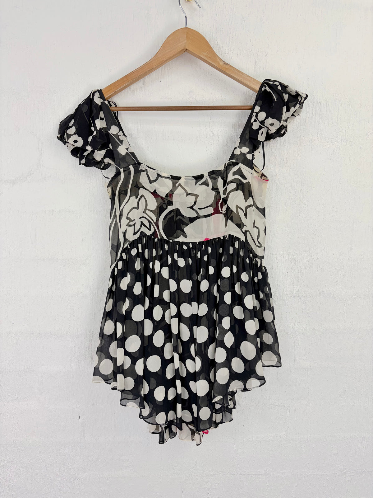 Y2K Kenzo Black, White & Pink Sheer Silk Asymmetrical Blouse - AU8
