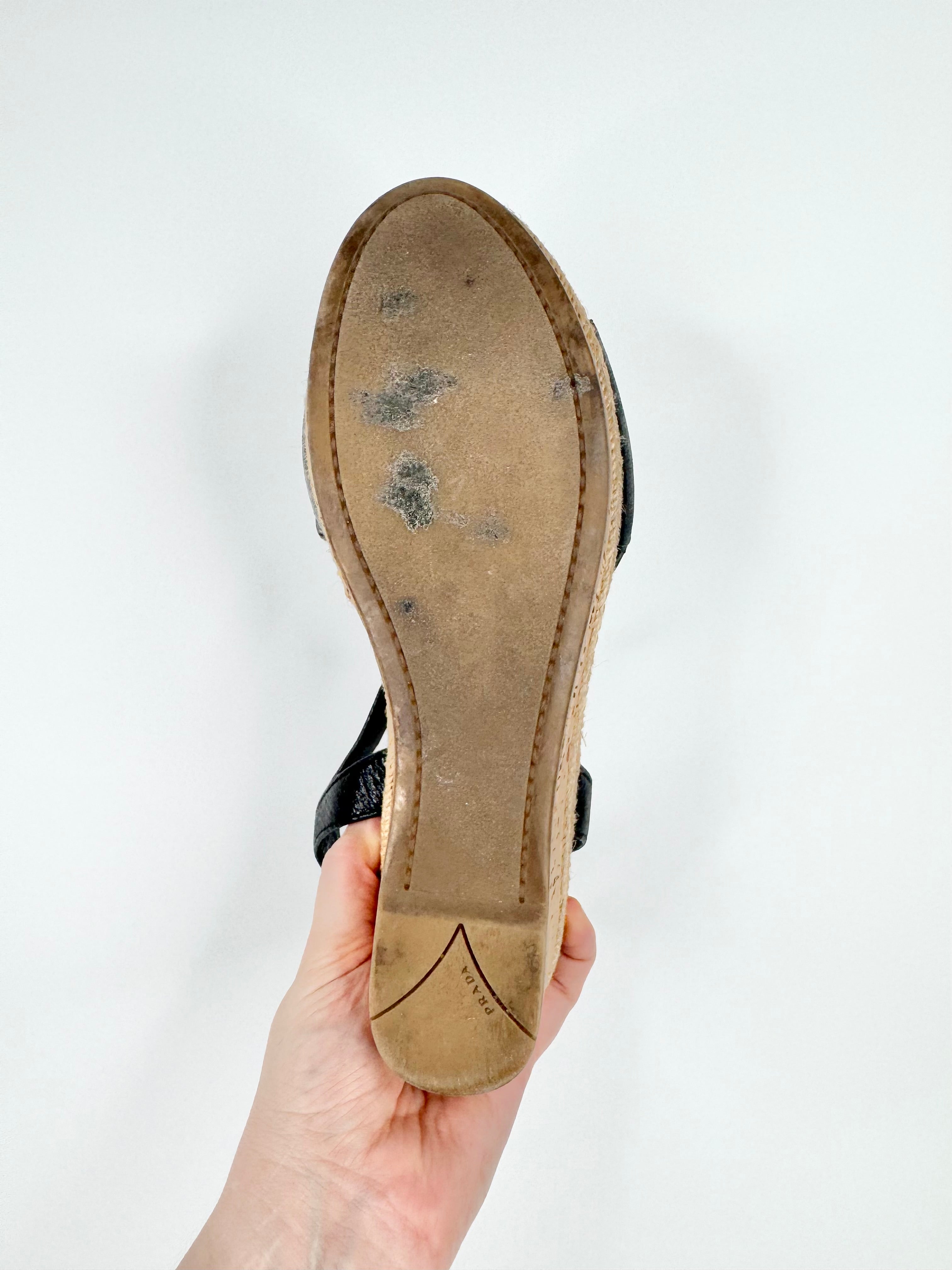 Prada Black Leather Peep Toe Cork Wedge Sandals - EU37.5