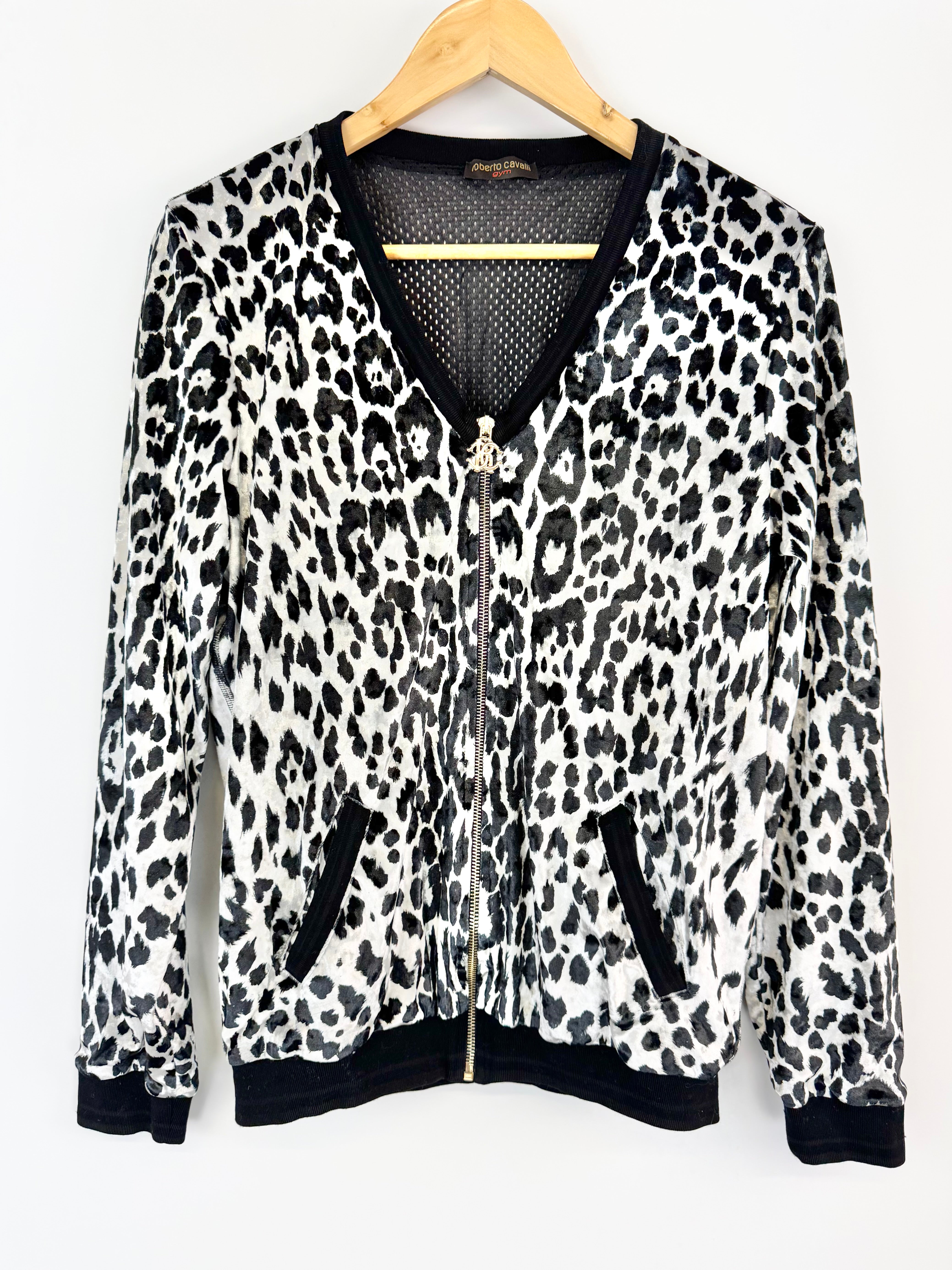 Roberto Cavalli Gym Velvet Black & White Velvet Zip Up Jacket - AU12/14