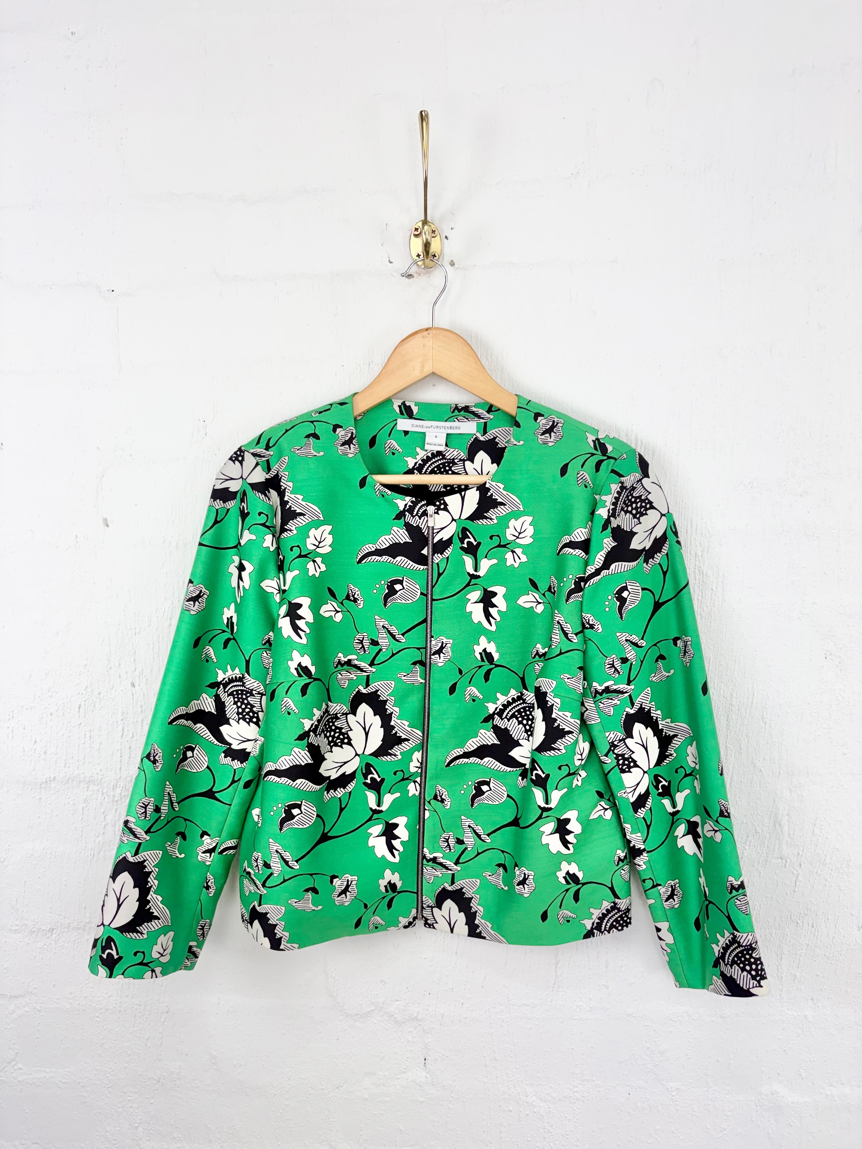 Diane von Furstenberg Green Floral Pattern 'Gabrielle' Wool & Silk Blend Jacket - AU8/10
