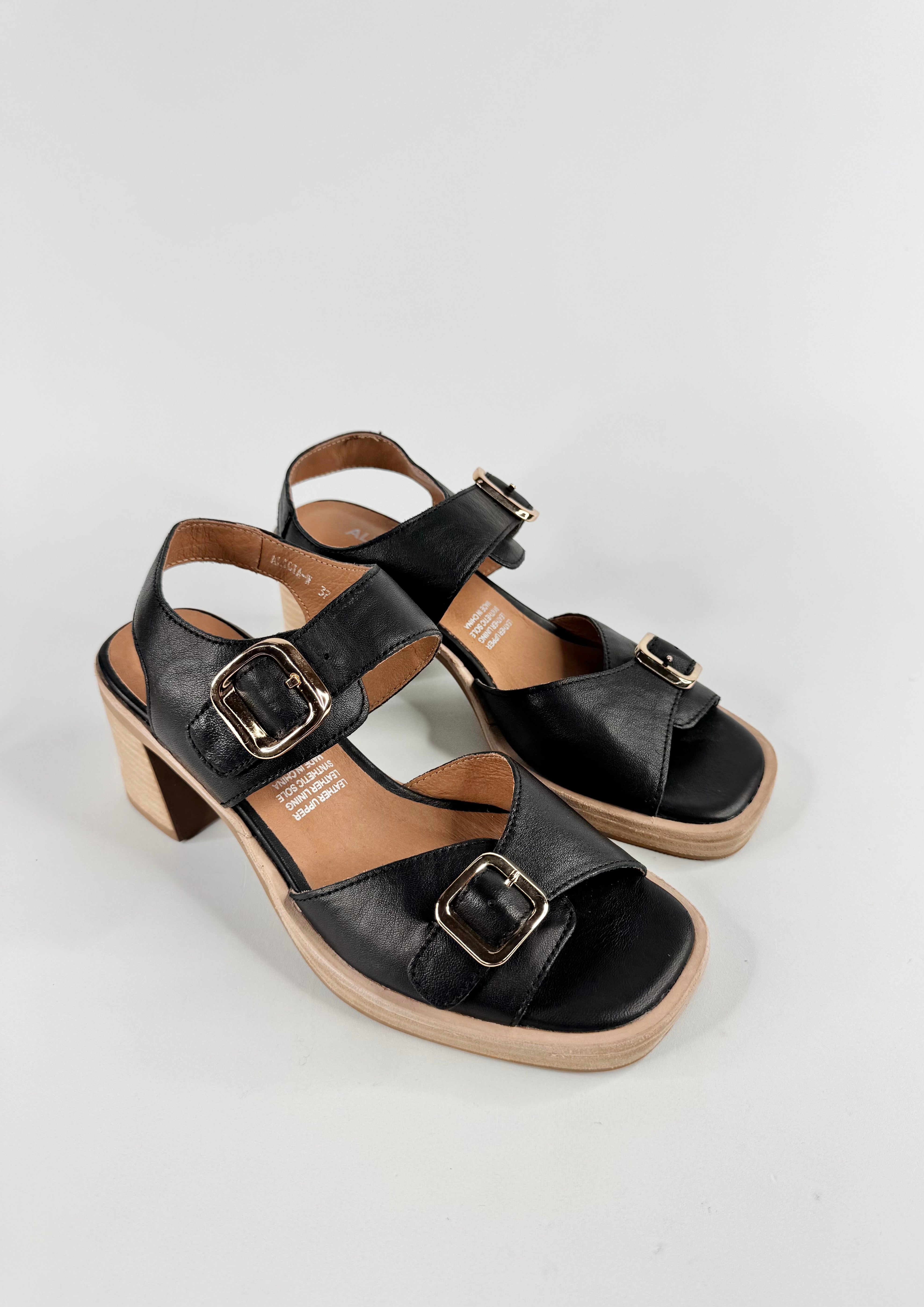 Alfie & Evie Black Gold Buckle Block Heels - EU37