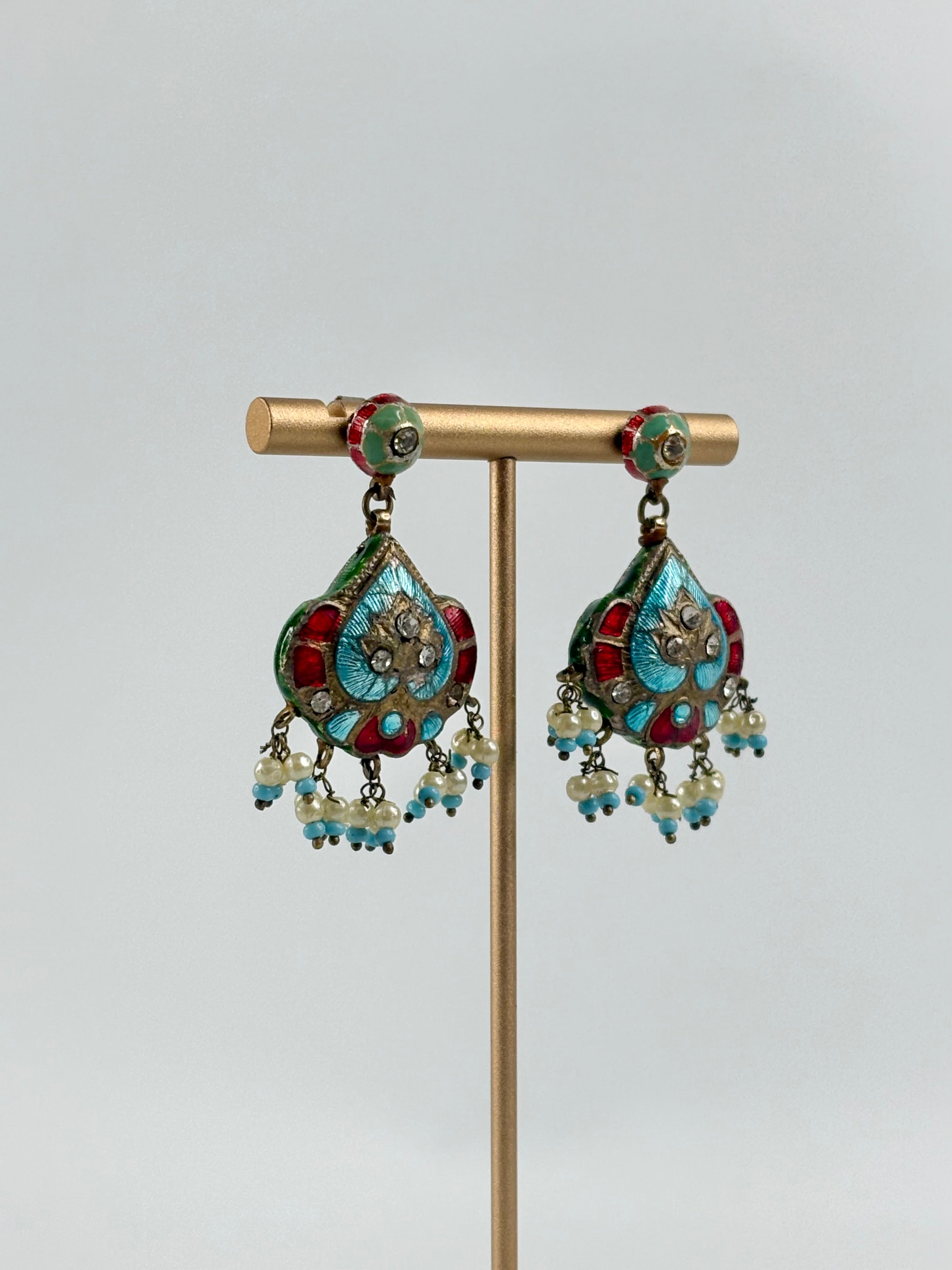 Vintage 70s Desi Style Double-Sided Faux Pearl & Rhinestone Earrings