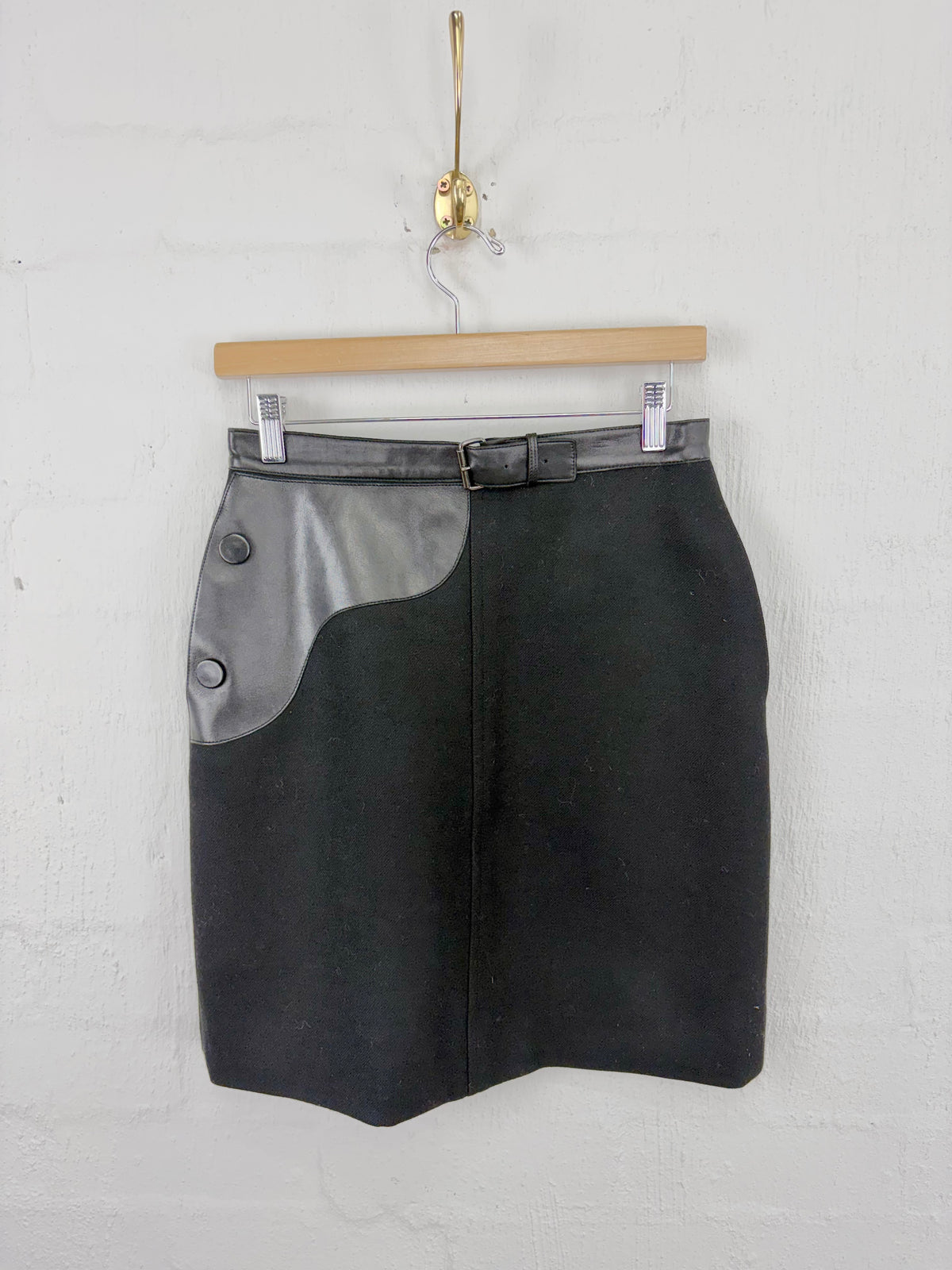 Longchamp Black Wool & Leather Belted Pencil Skirt - AU8/10
