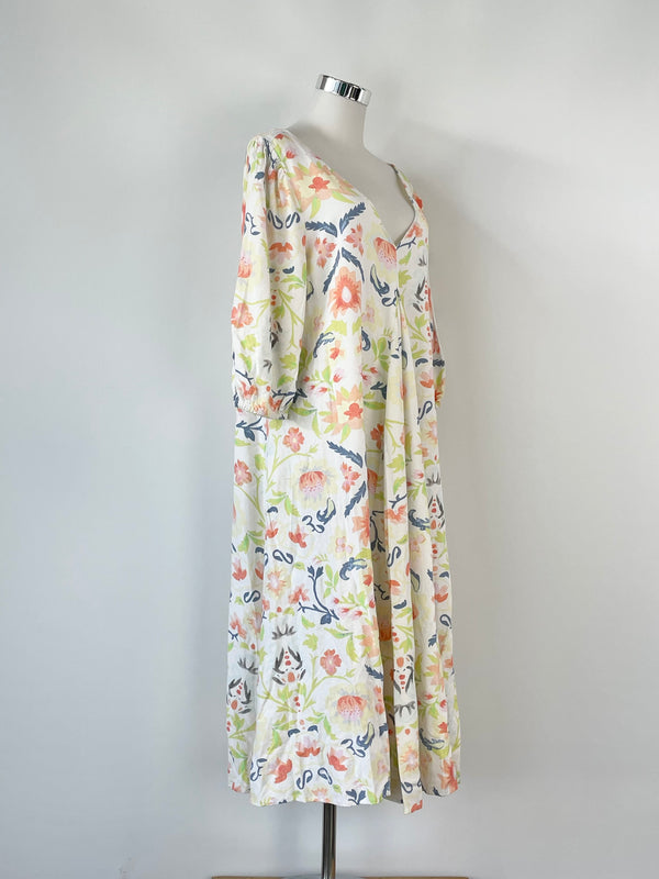 Binny White Floral Print Linen-Blend Midi Dress - AU10