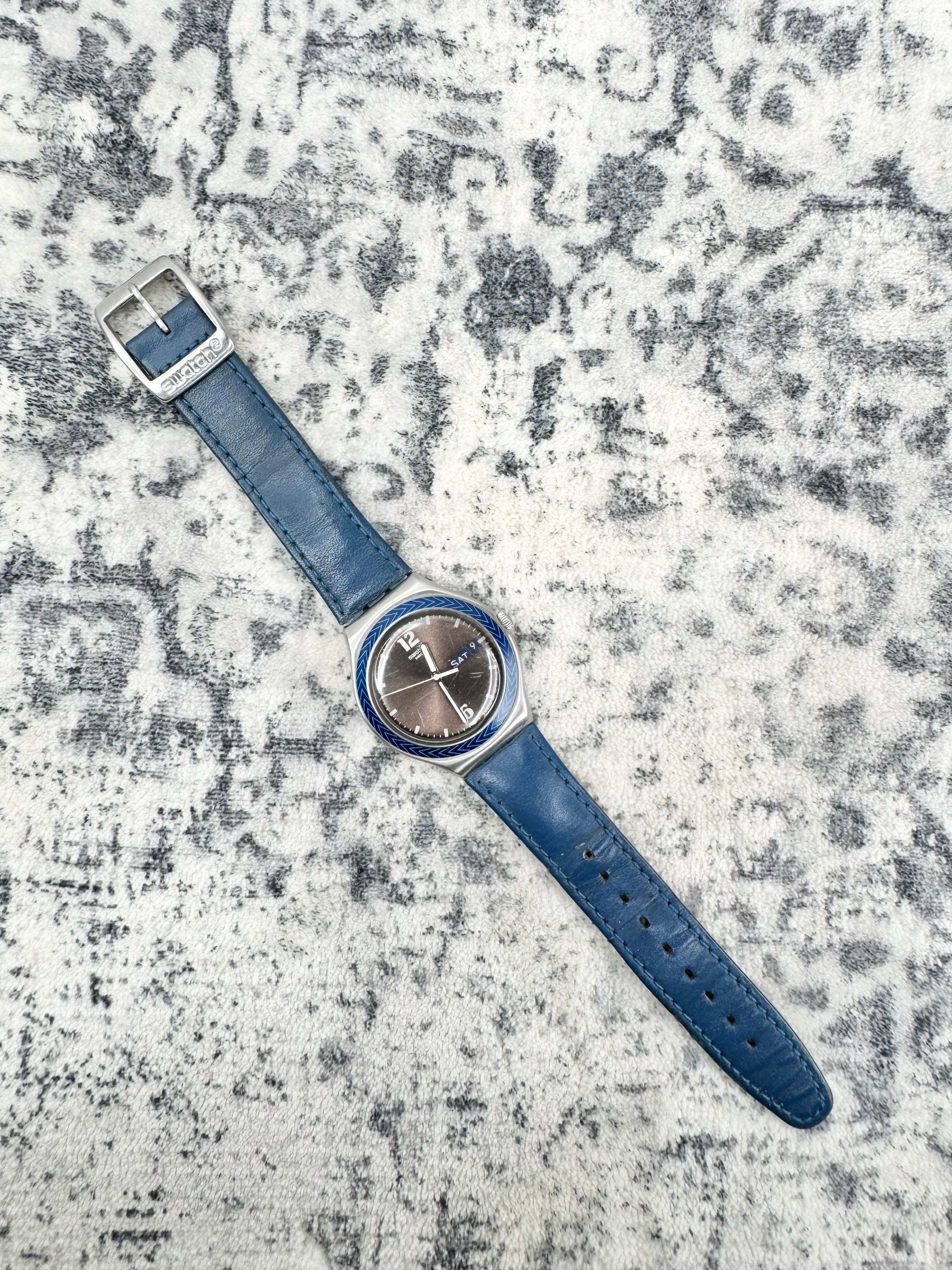 Swatch Irony Brushed Silver Aluminum and Blue Enamel Watch