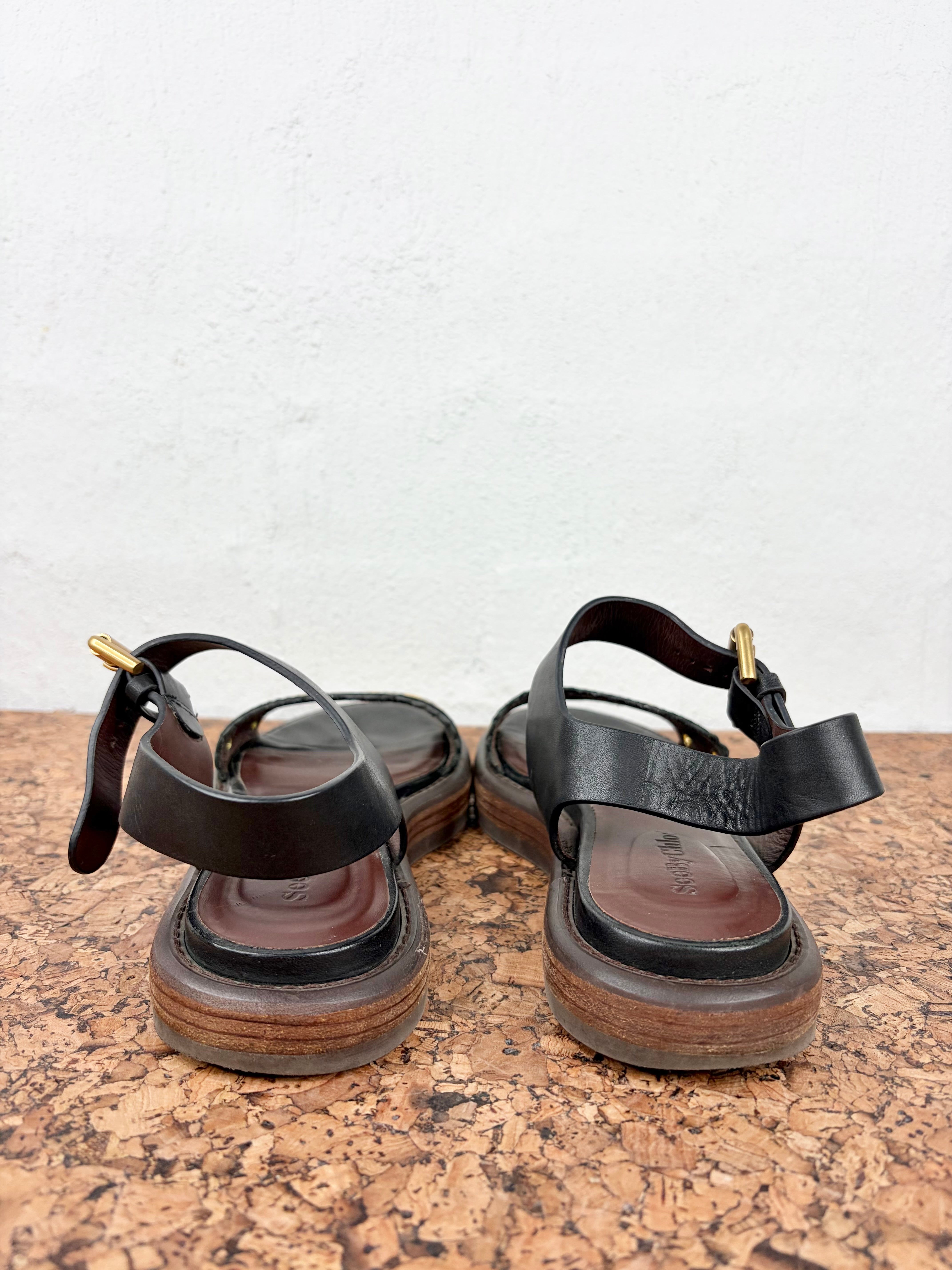 See By Chloé Black and Gold Stud Sandals - EU37