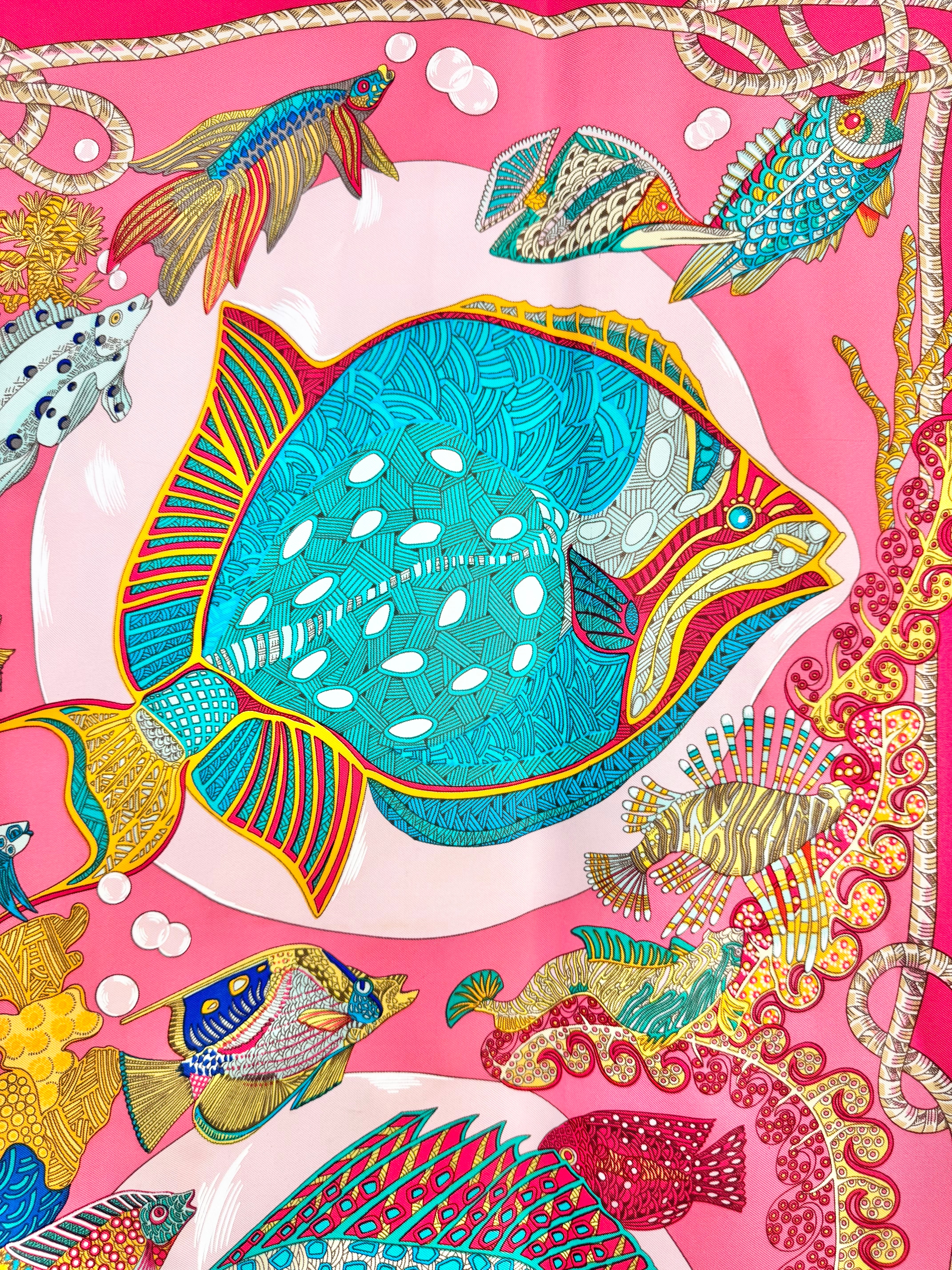 Hermès Cerise Pink Accordian Fish Silk Scarf