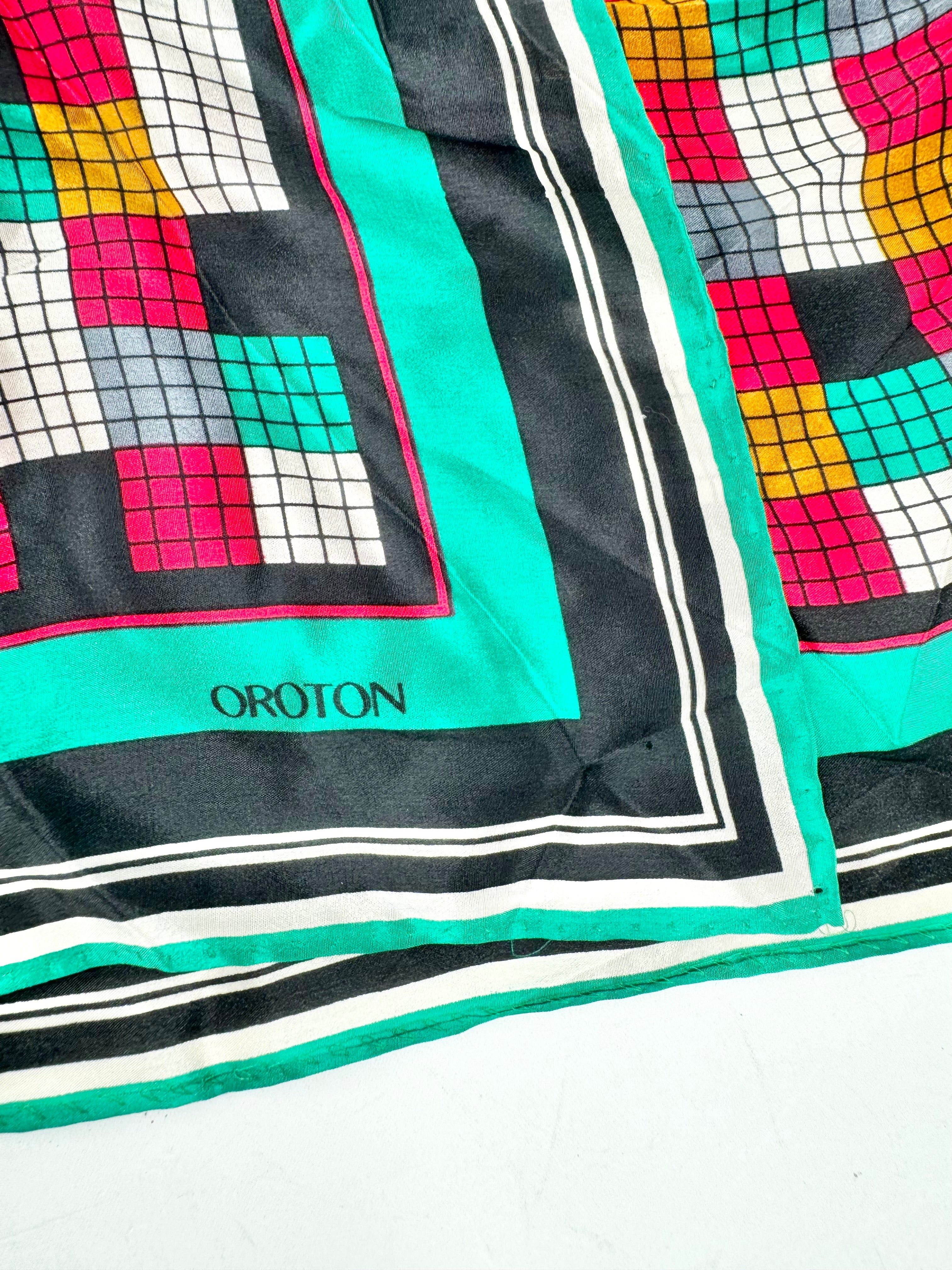 Oroton Emerald Green Grid Pattern Square Silk Scarf