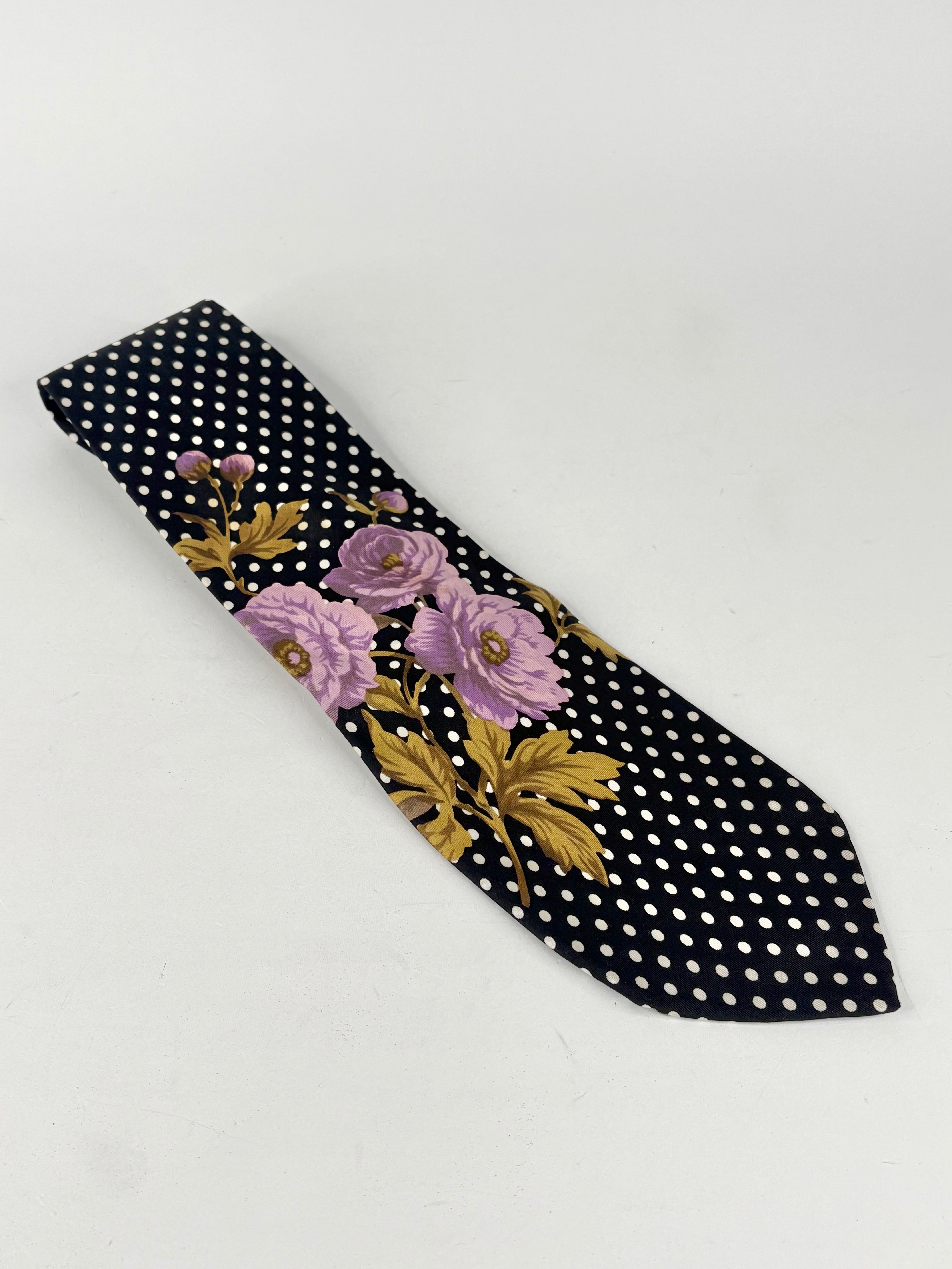 Kenzo Paris Black & White Dotted Floral Silk Tie