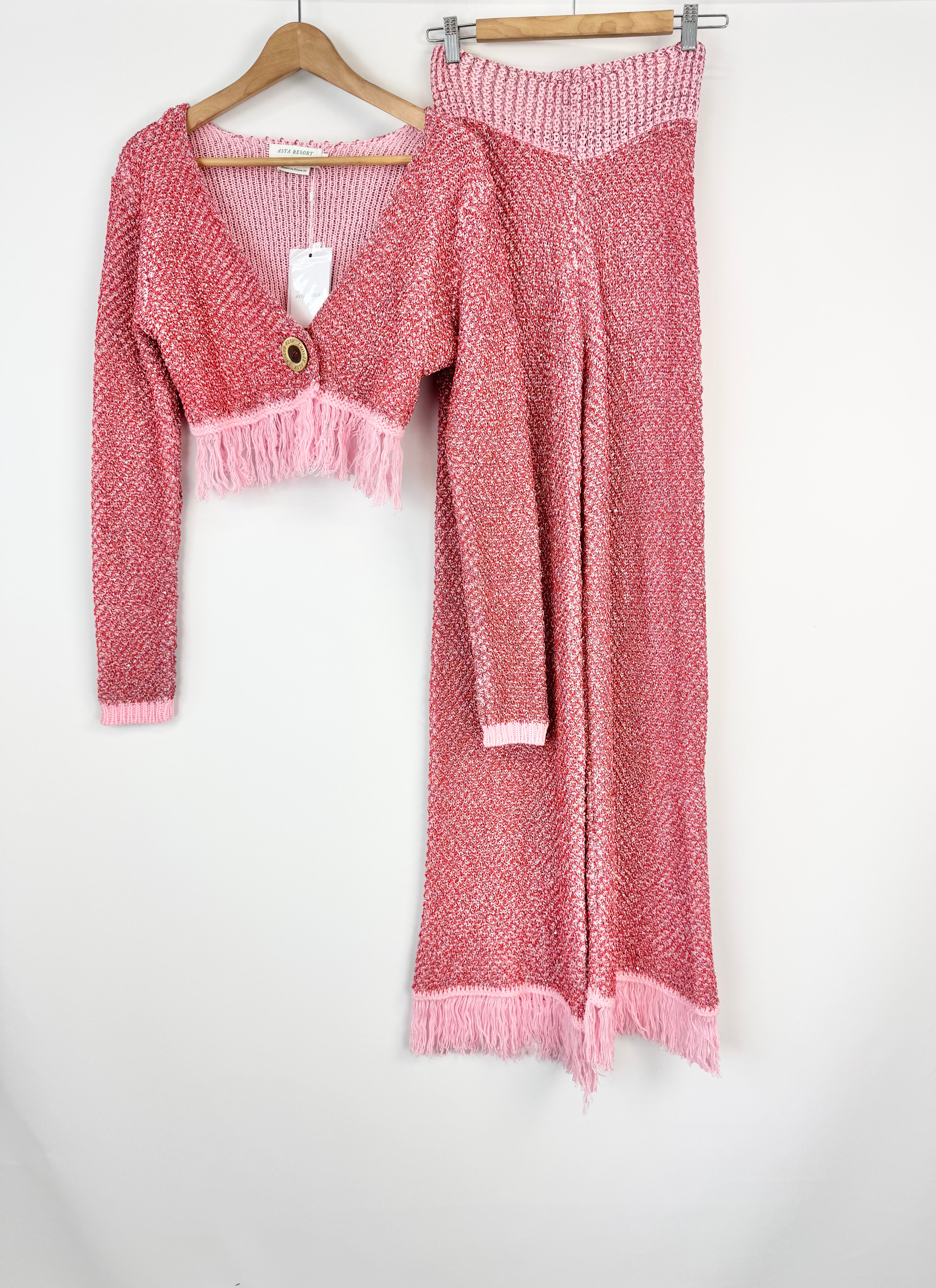Astra Resort Pink Sequinned Knit Pants and Jacket Set Size S