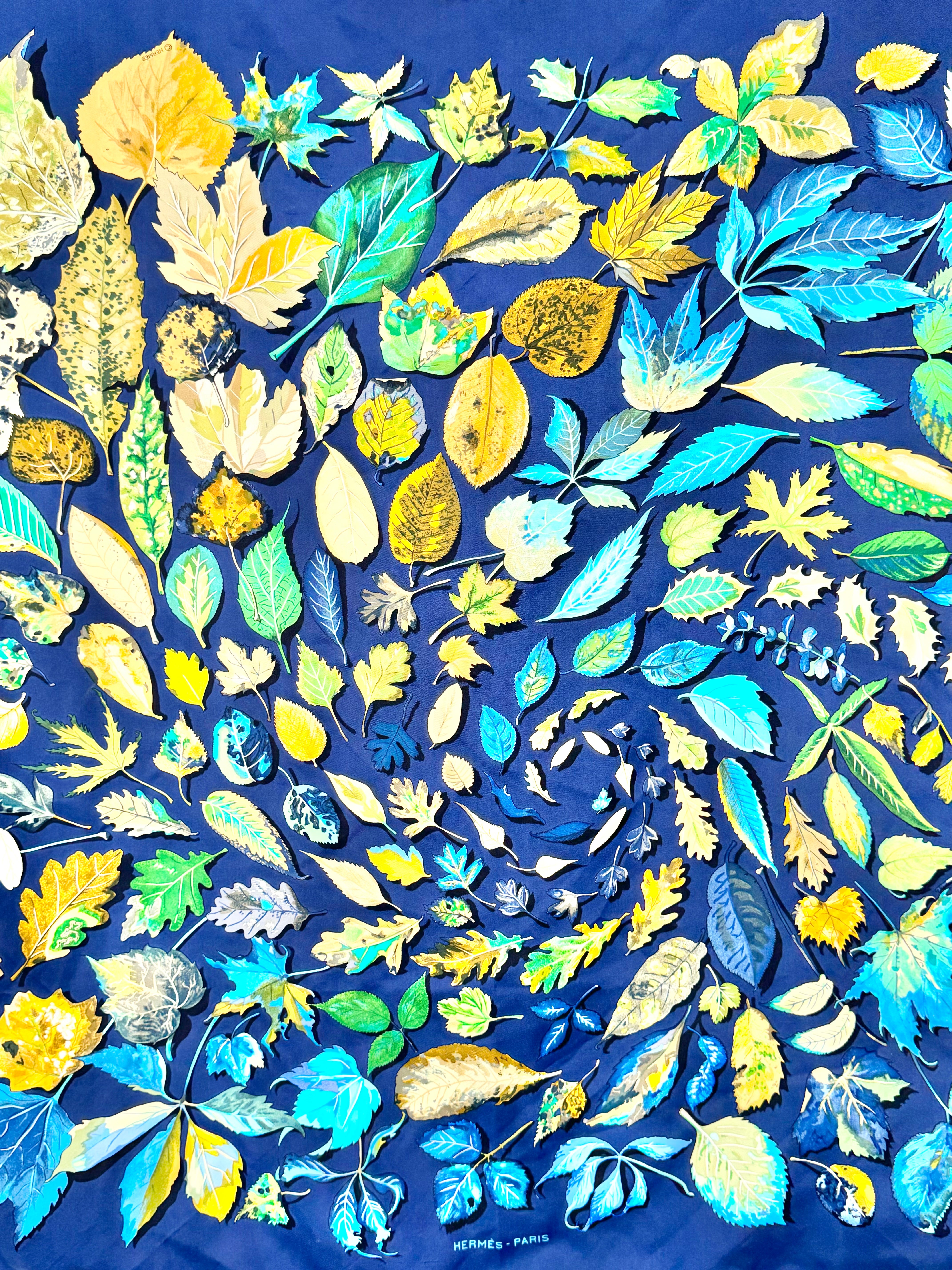 Hermès Blue 'Feuilles D'Automne Tourbillons' Silk Scarf