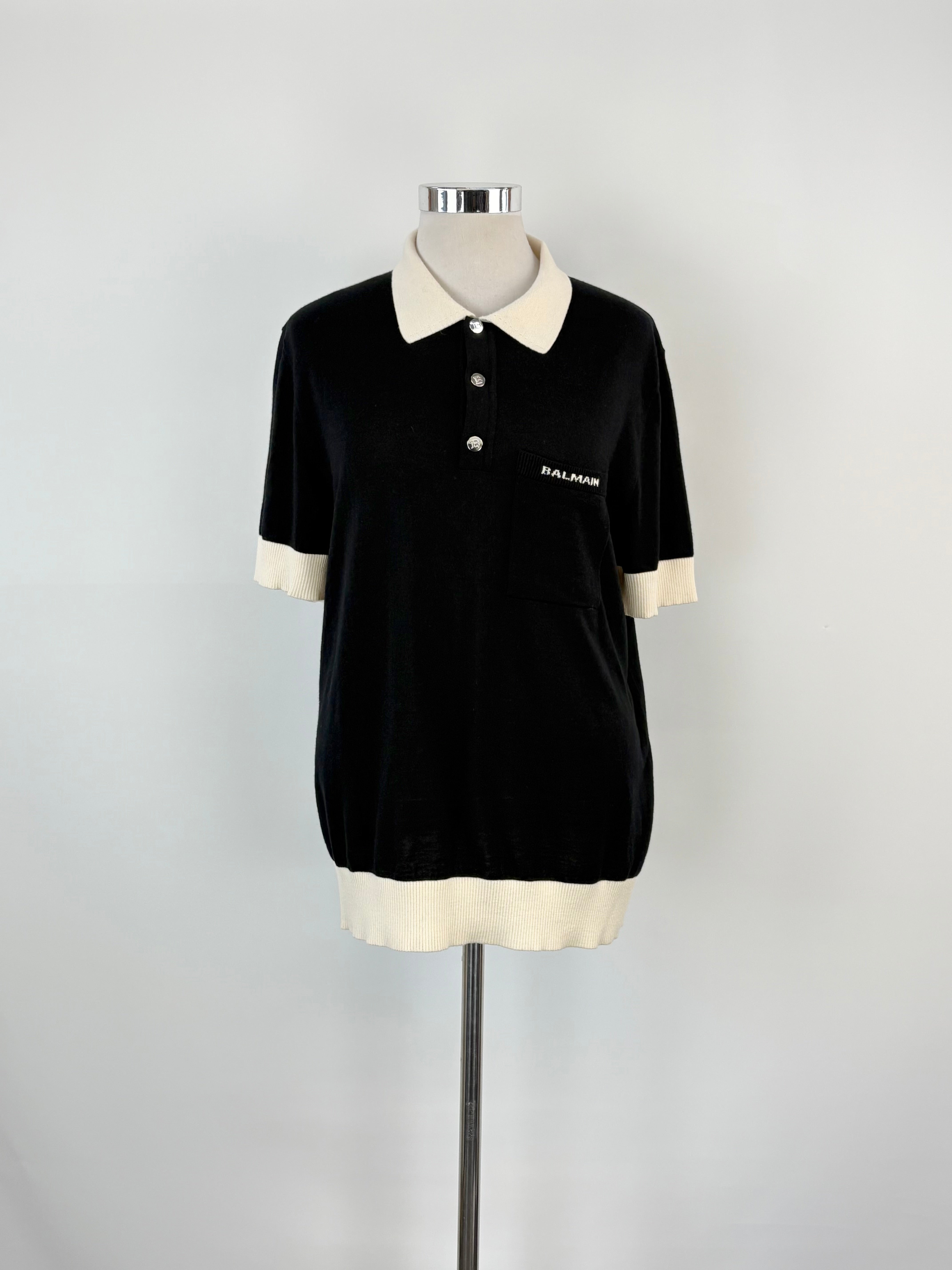 Balmain Black & Cream Trims Wool Polo - XXL