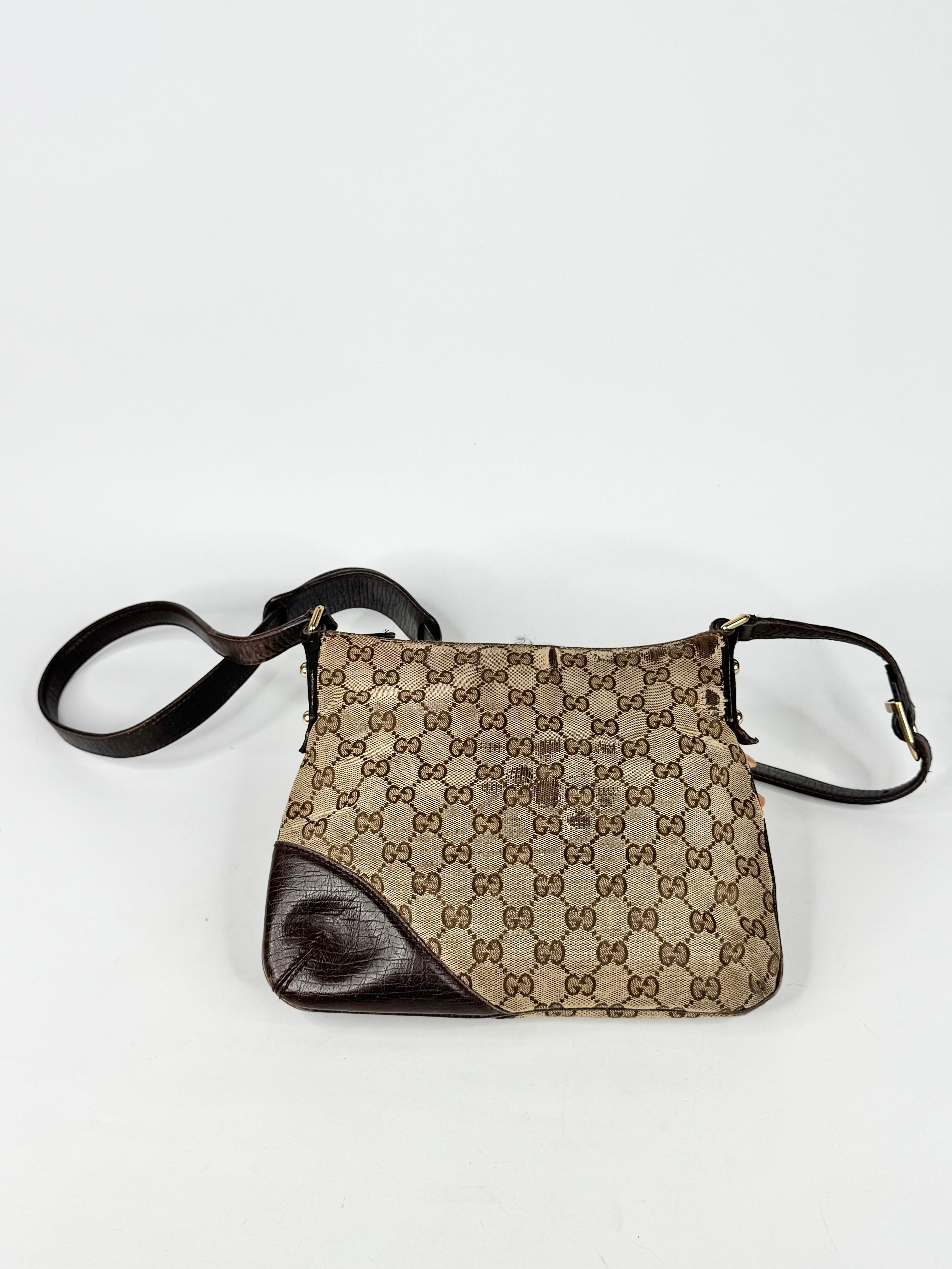 Vintage Gucci GG Canvas Horsebit Sherry Line Shoulder Bag Brown Beige
