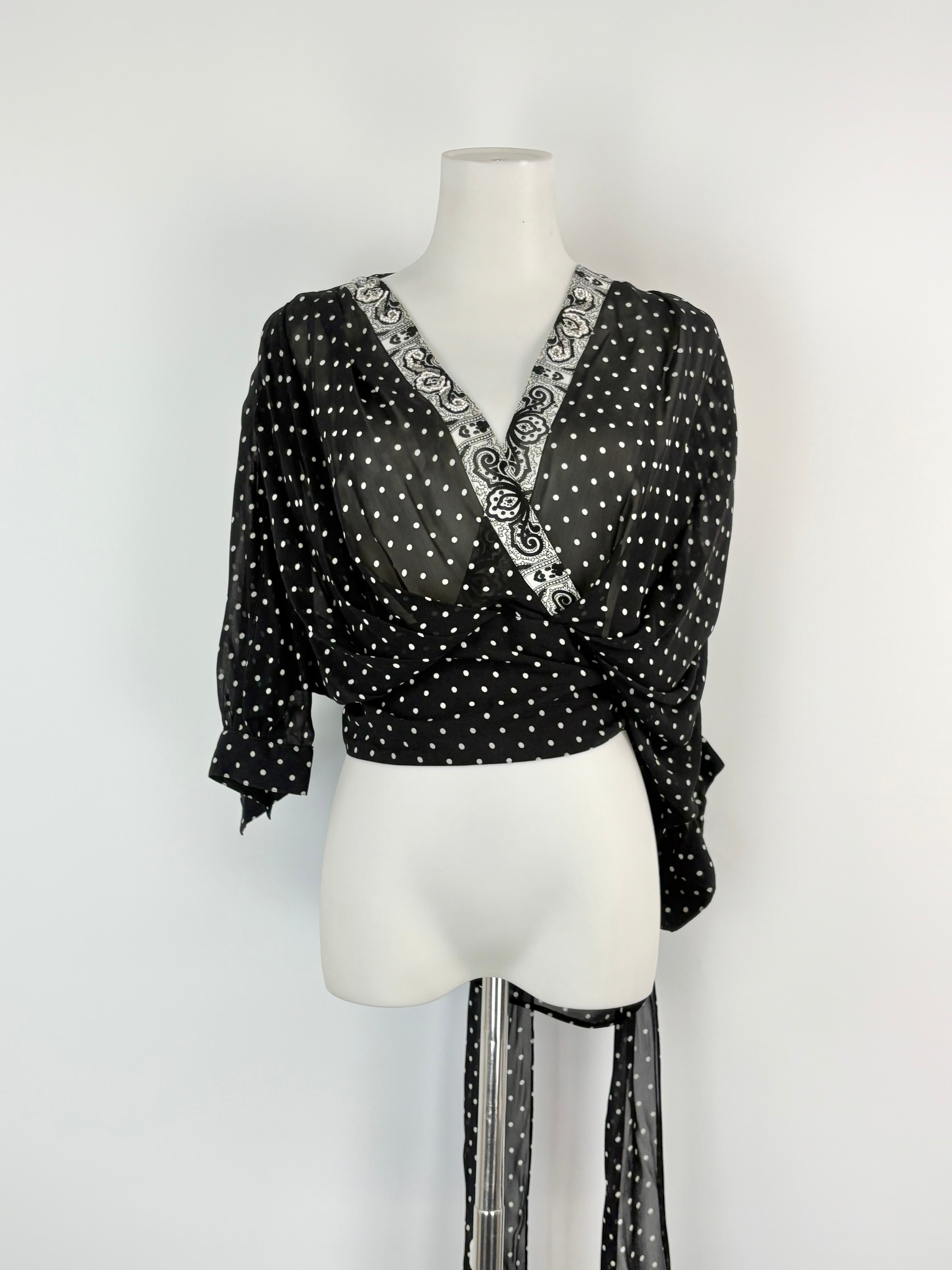 Maria Grazia Severi Black & White Dotted Sheer Wrap Blouse - AU10
