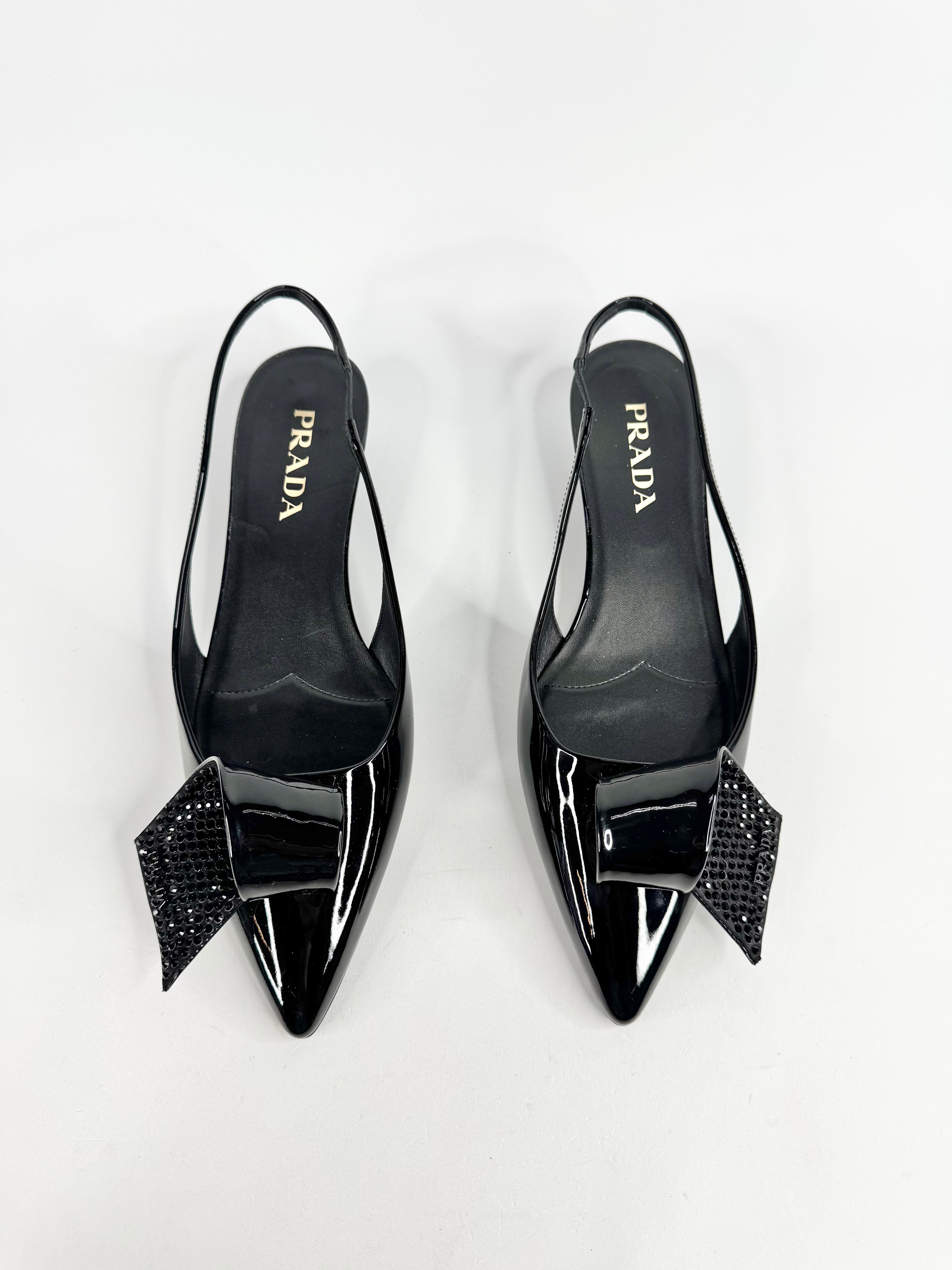 Prada Crystal Embellished Patent Leather Sling Backs - EU40