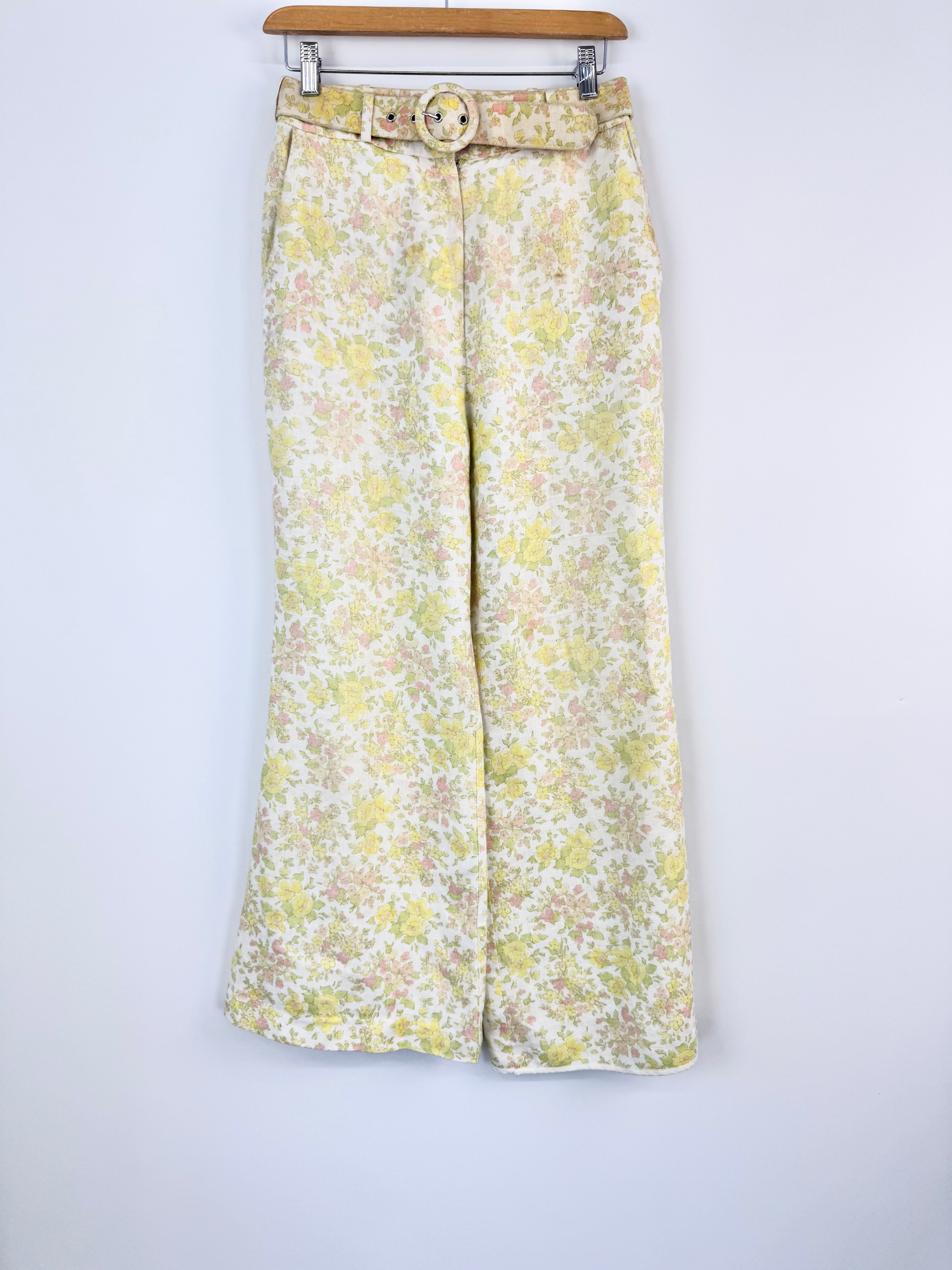 Zimmermann Yellow Floral Printed Linen Belted Wide Leg Trousers - AU8/10