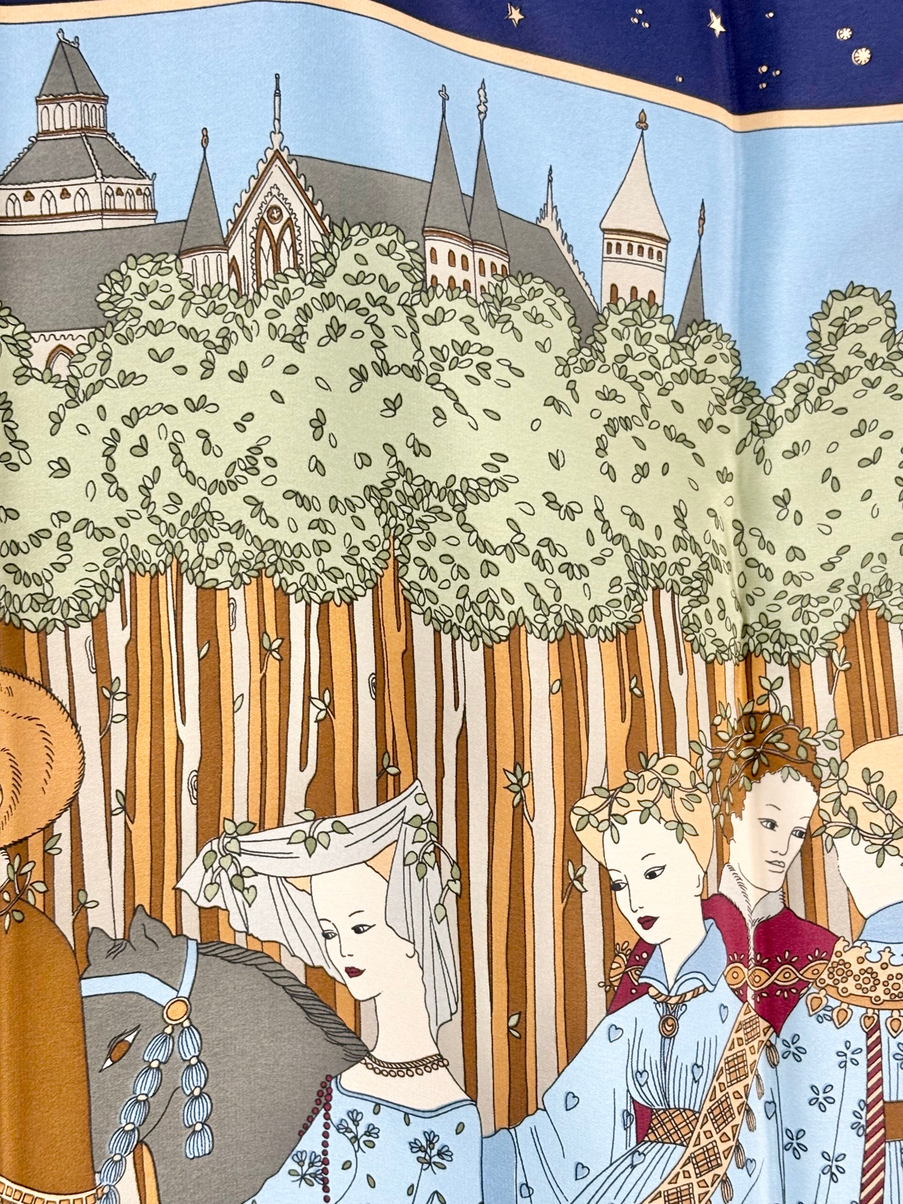 Pancaldi Vintage Blue Village Scene Silk Scarf