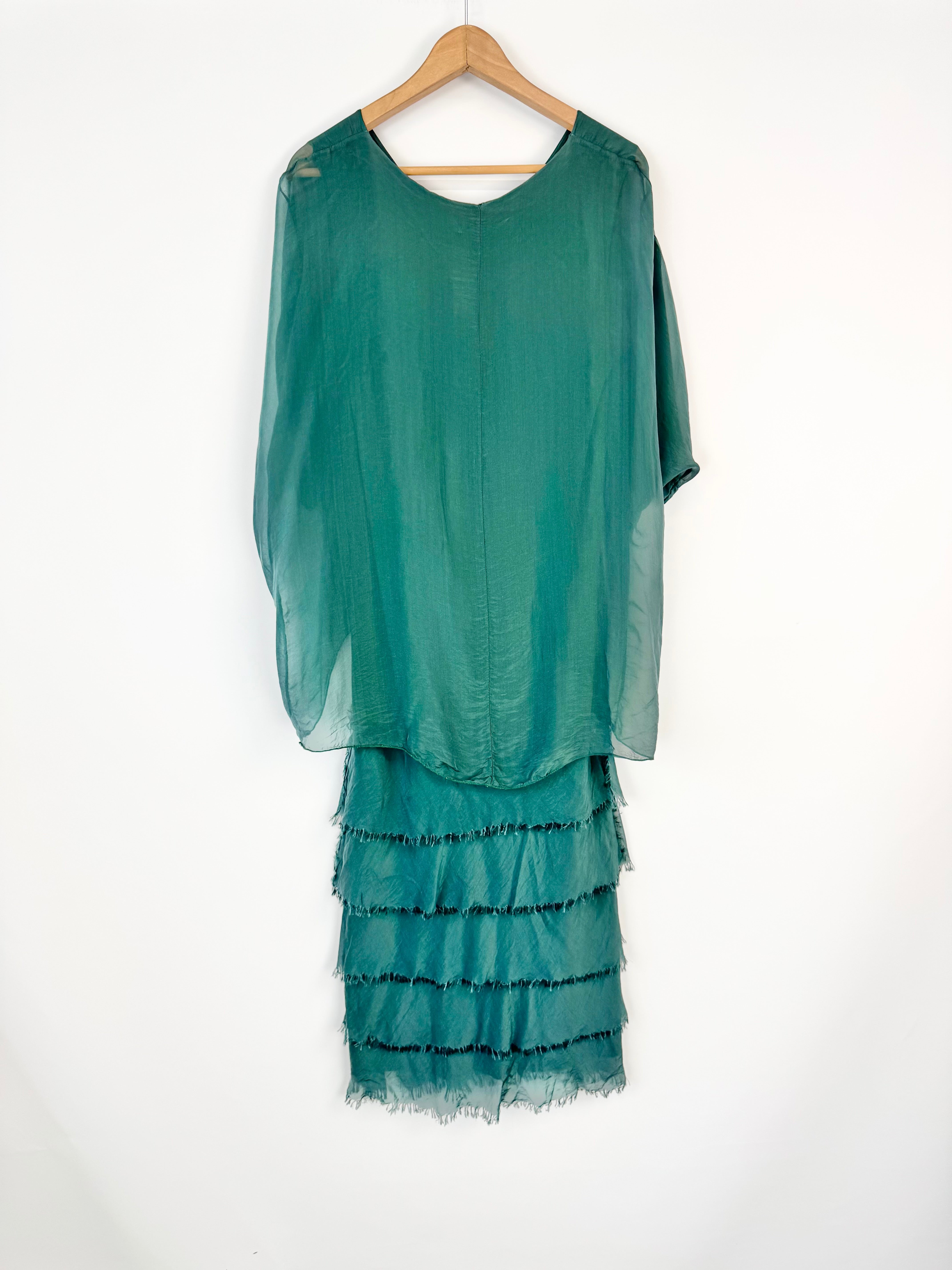 La Strada Forest Green Silk Tiered Maxi Dress - AU12