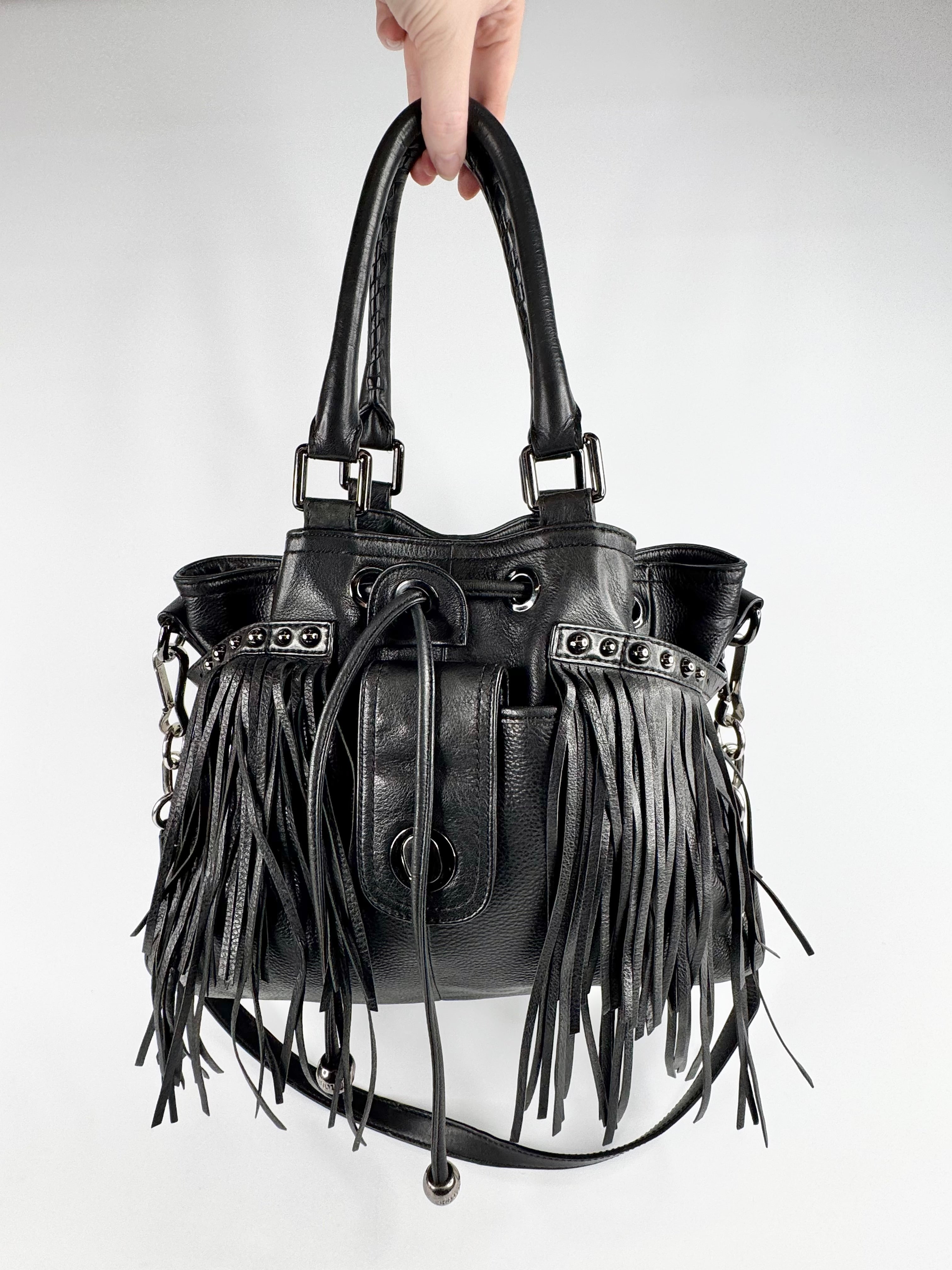 Oroton Black Grained Leather Fringe Trim Handbag