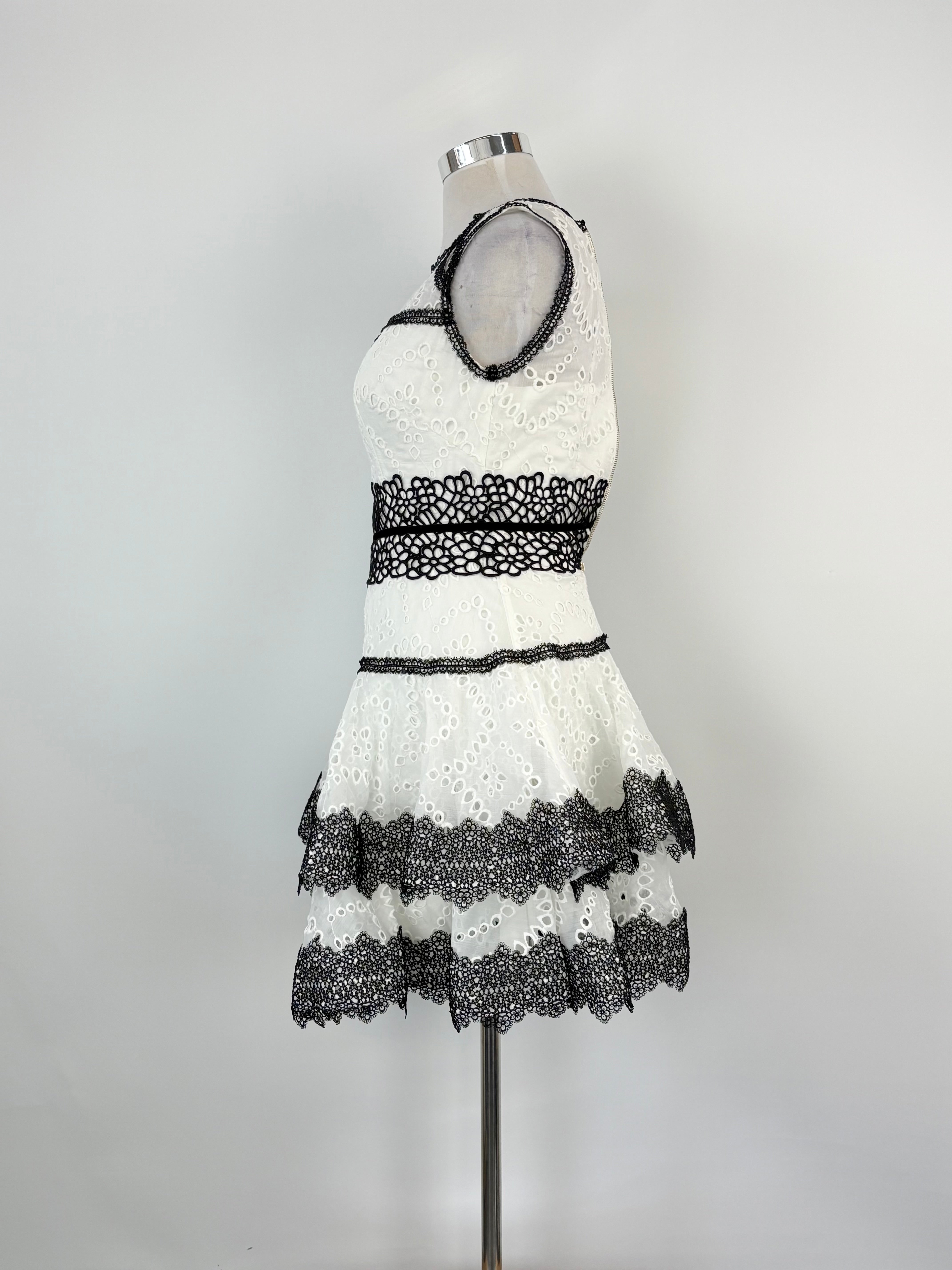 Bronx & Banco White and Black Trim Embroidered Mini Dress - AU12