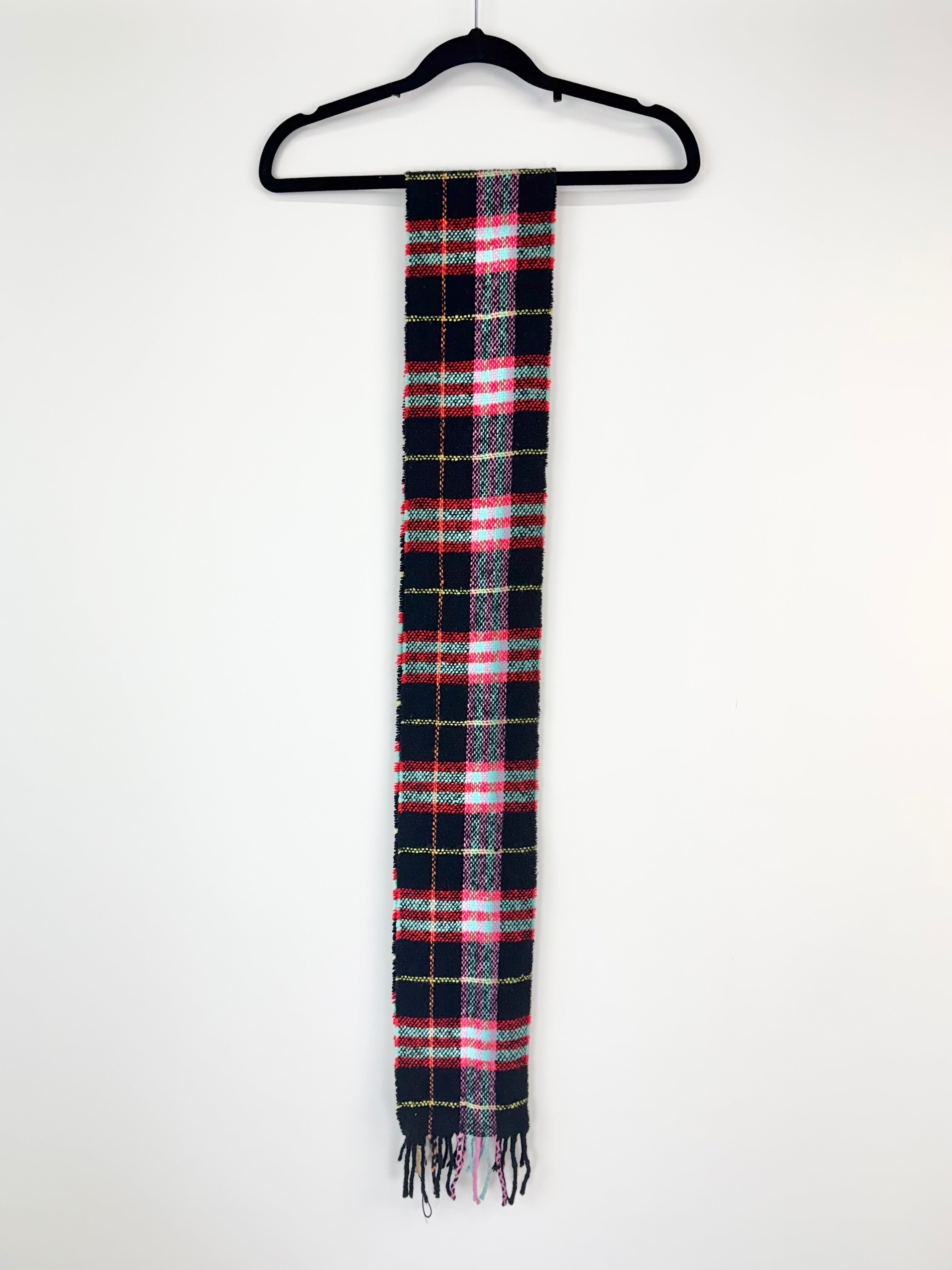 Burberry London Black, Pink, Red & Blue Plaid Angora Blend Woven Scarf