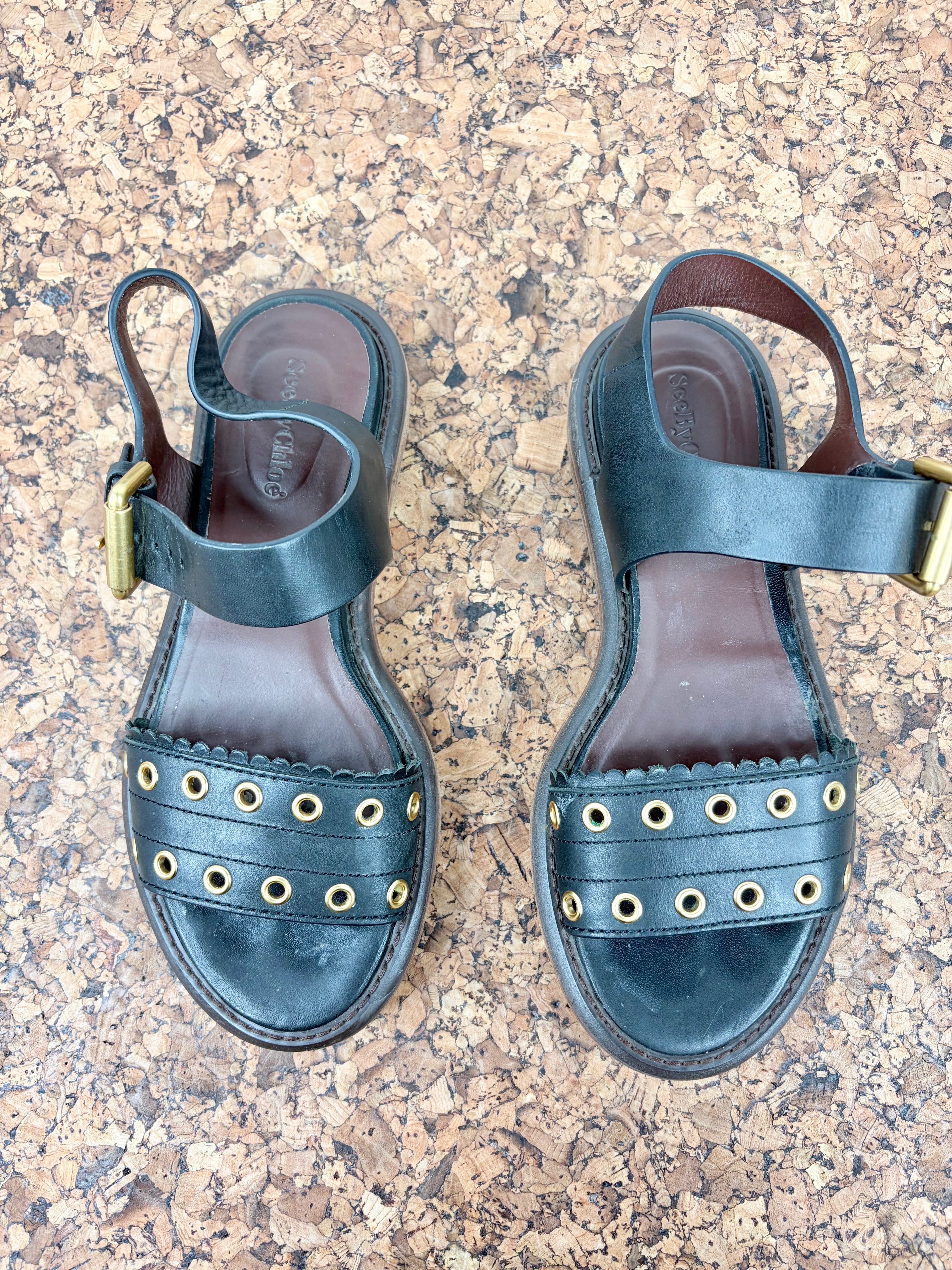 See By Chloé Black and Gold Stud Sandals - EU37