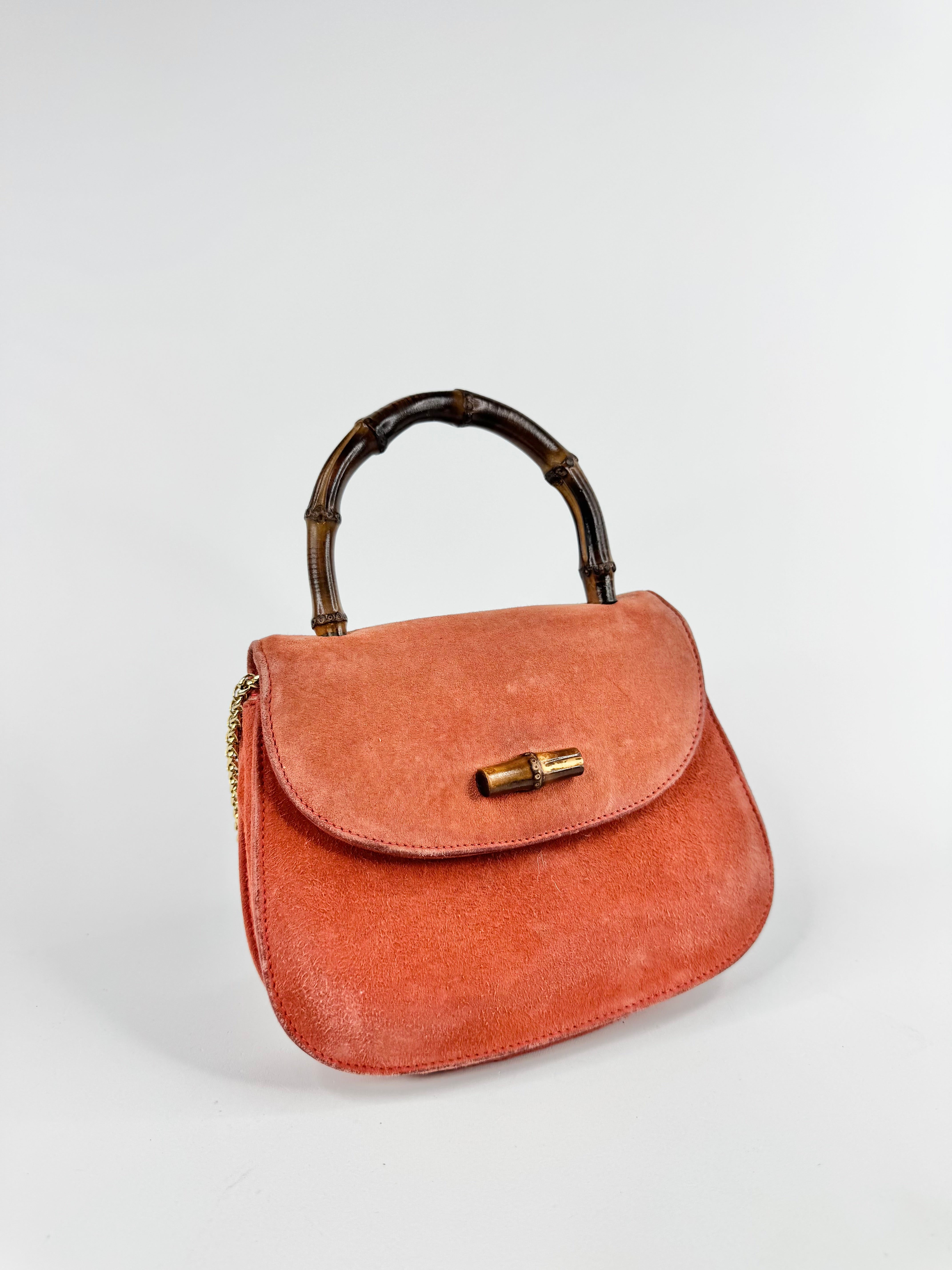 Vintage Gucci Mini Orange Sorbet Suede Bamboo Cross Body Bag