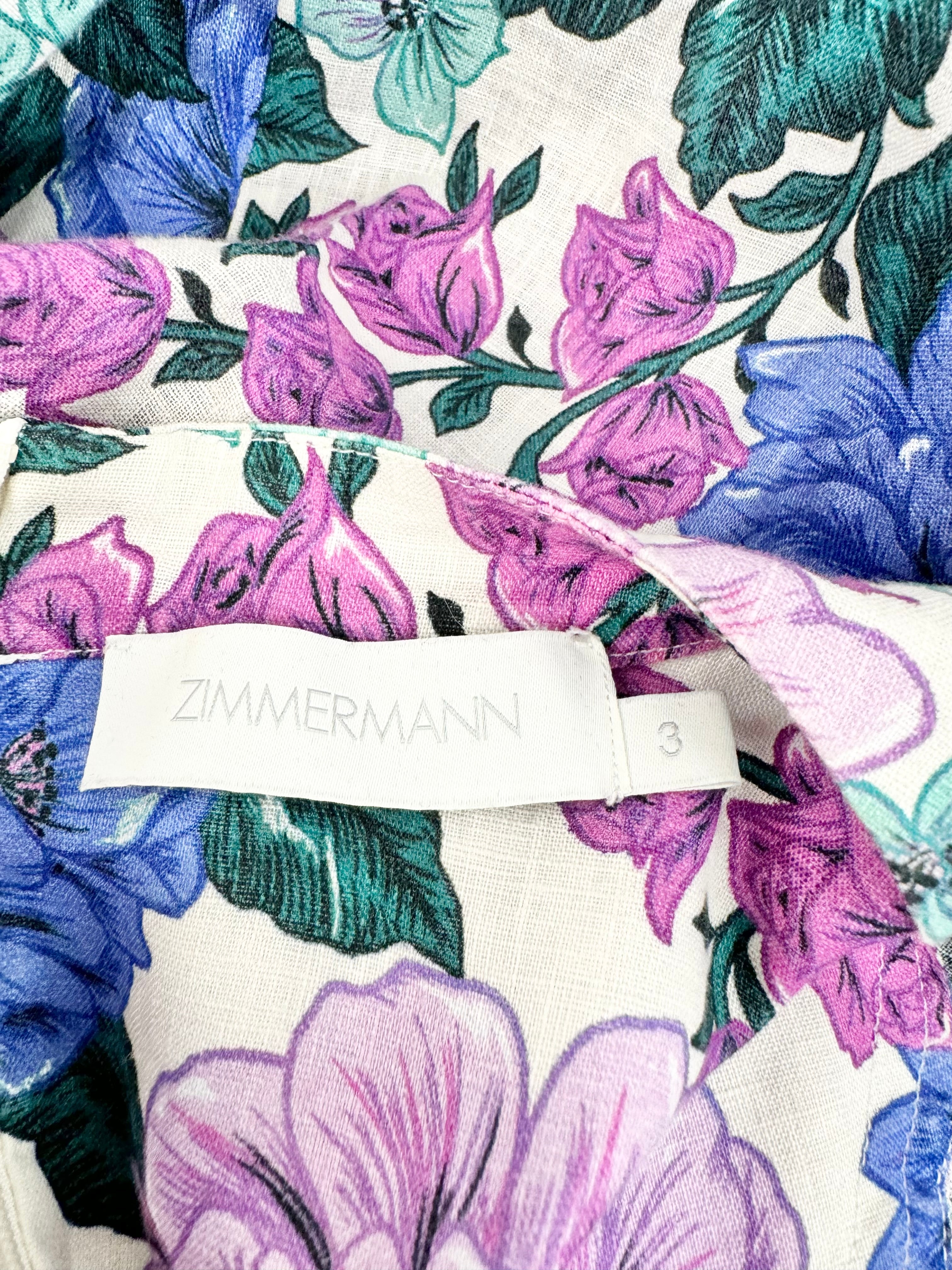 Zimmermann Purple & Blue Peony Pattern Linen Dress - AU12