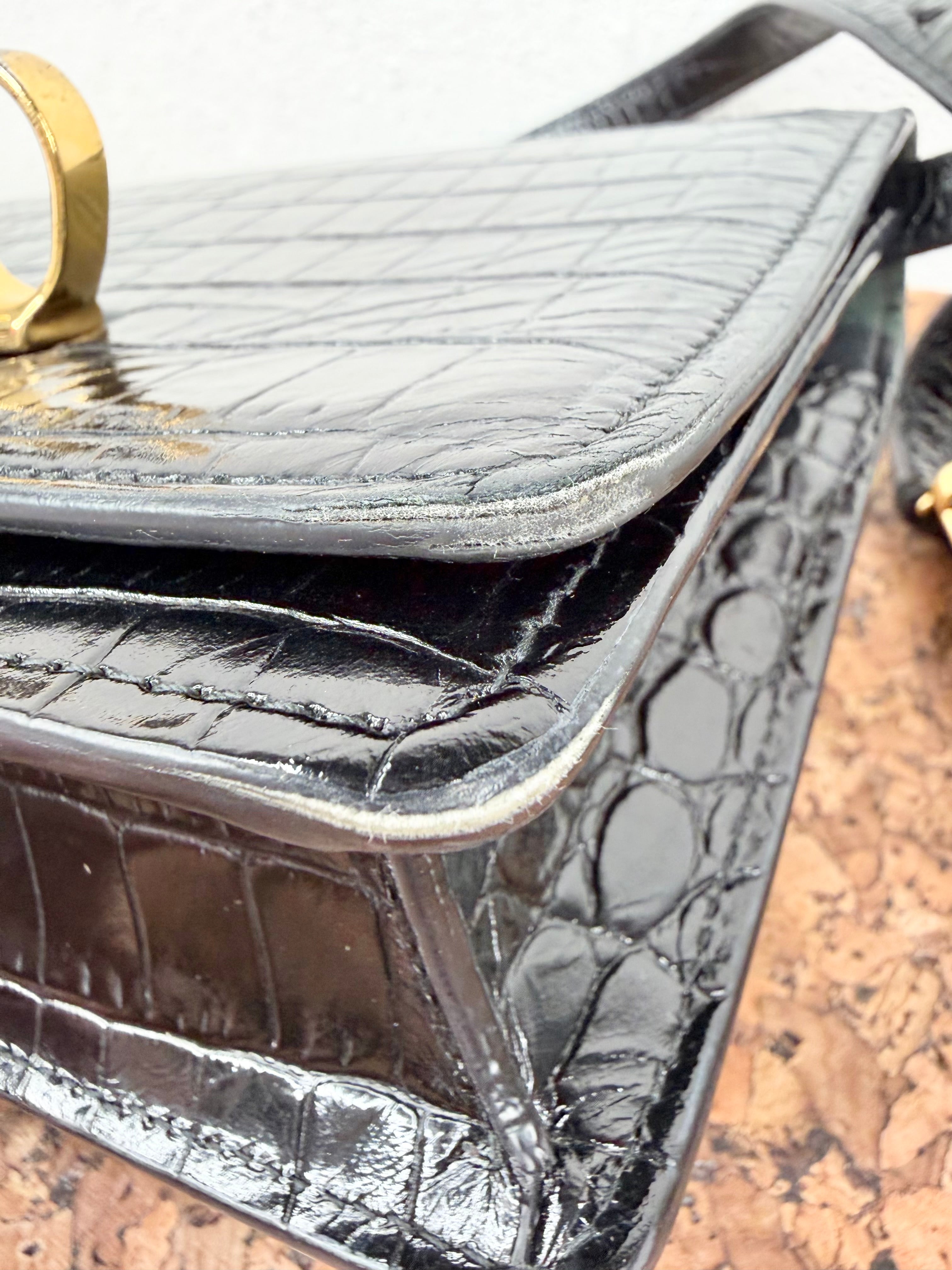 Alexander McQueen Black Croc Embossed 4 Ring Satchel