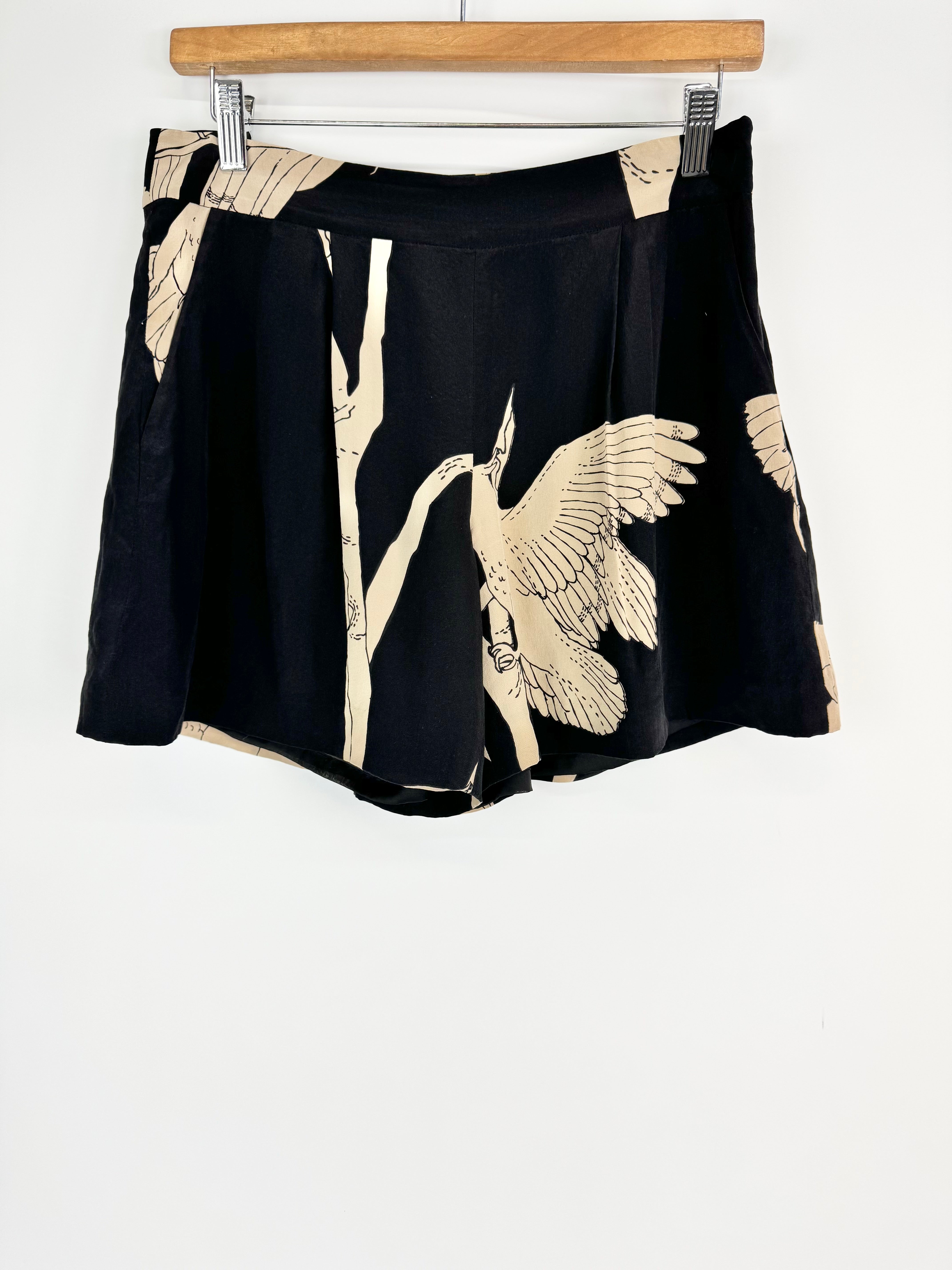 Oroton Black Cockatoo Pattern Silk Shorts - AU10