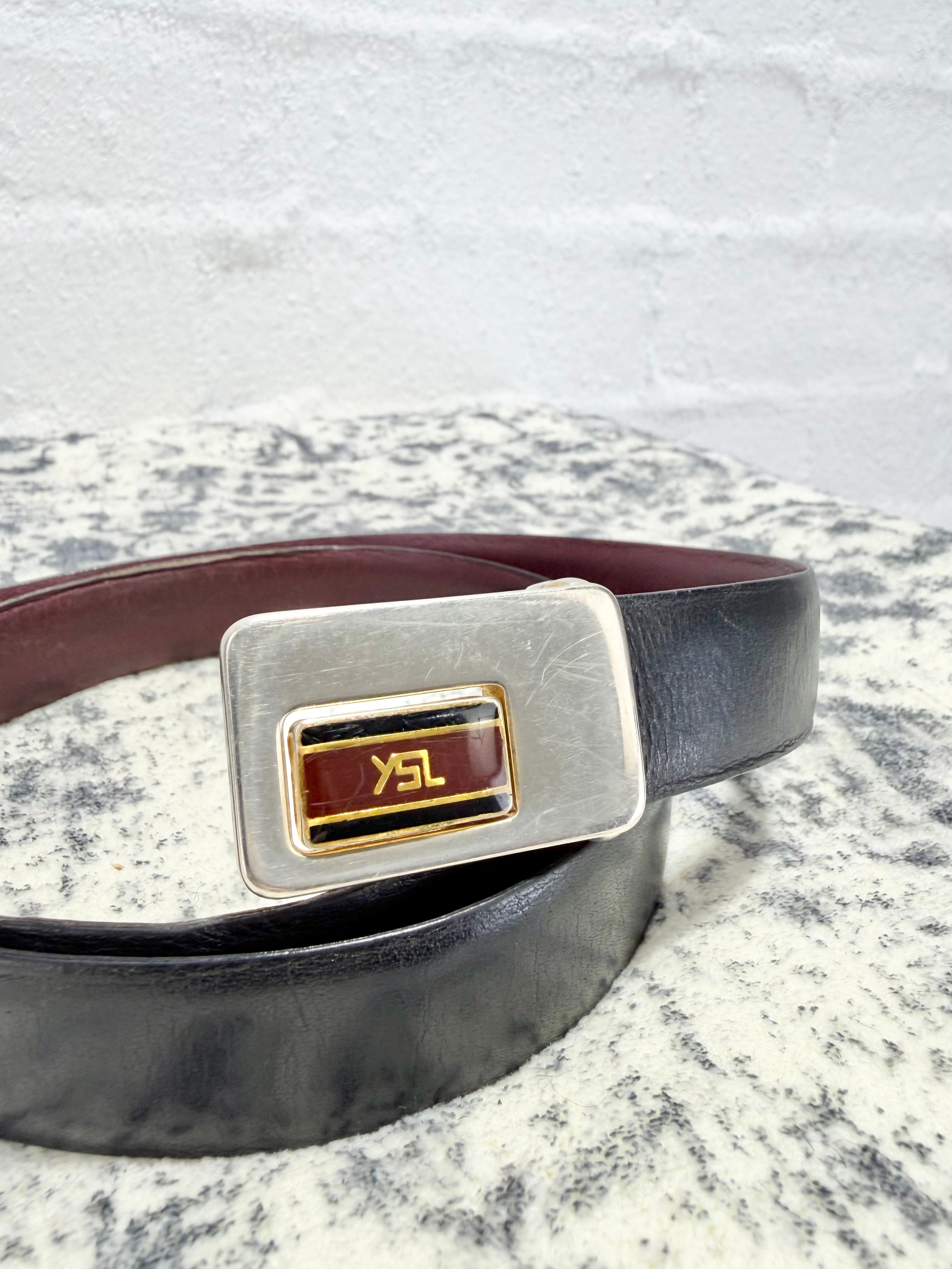 Vintage YSL Burgundy Leather & Gold Enamel Belt