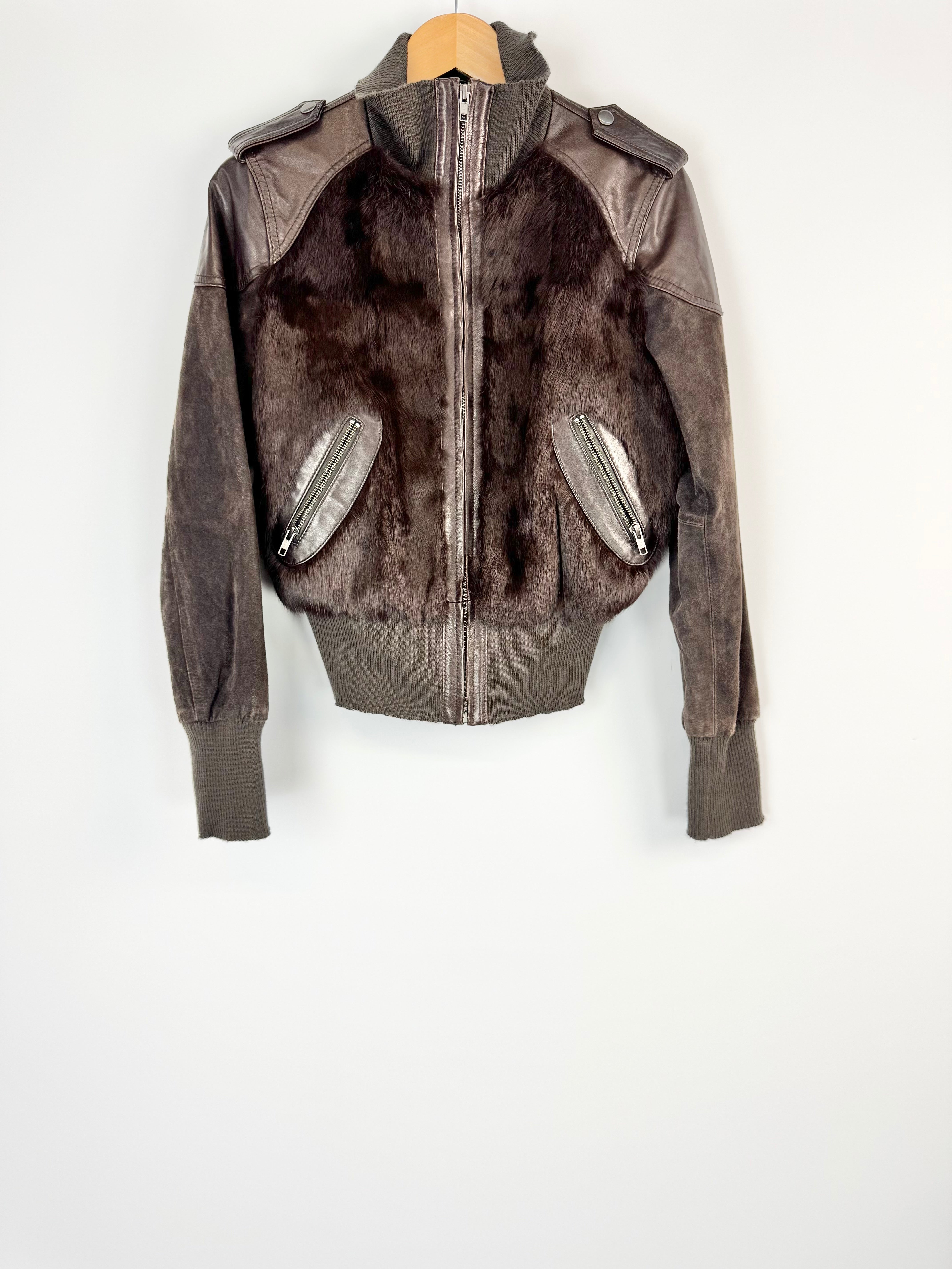 Feathers Fur + Nubuck Brown Bomber Jacket - AU10