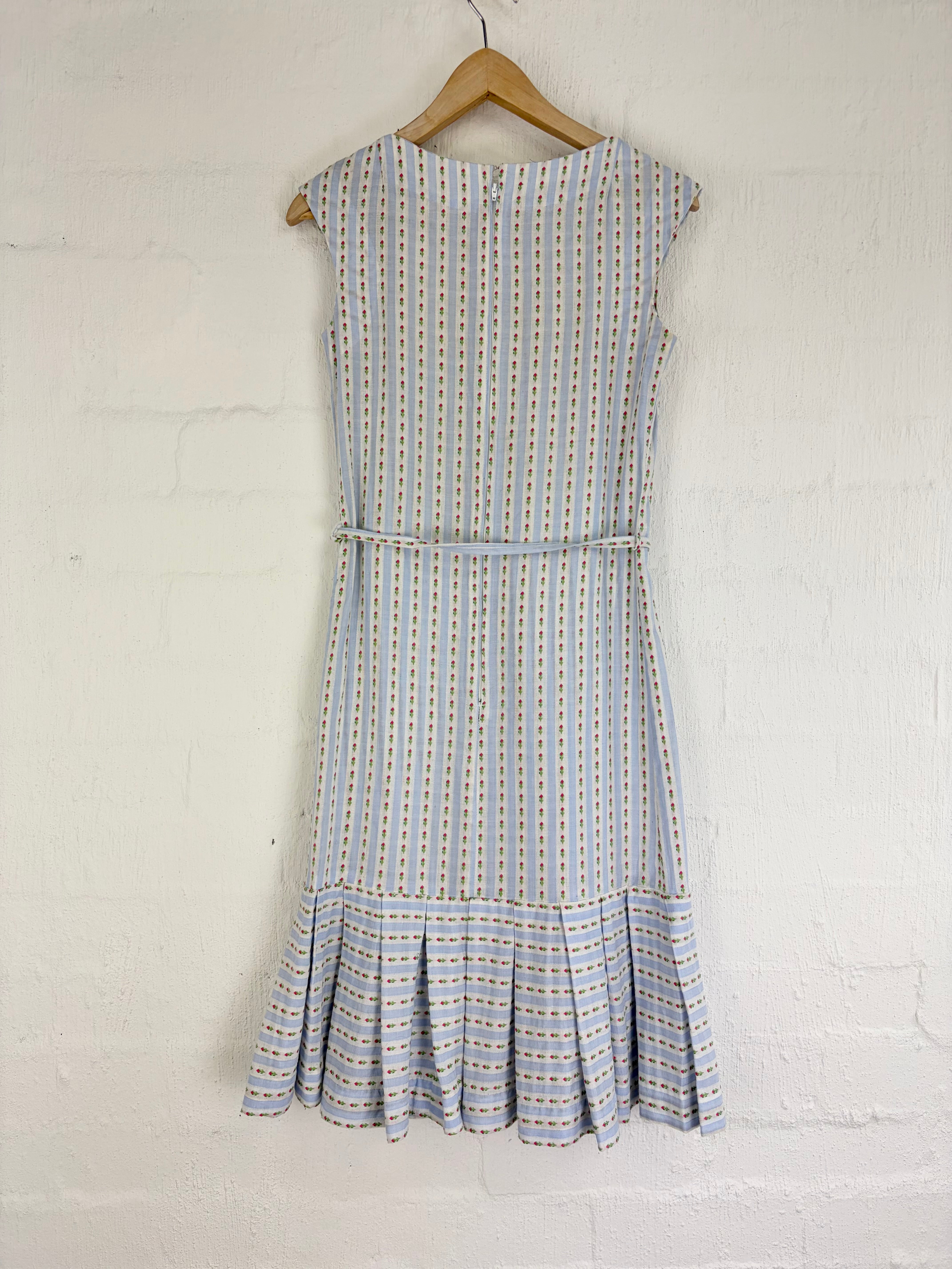 Hand Made Pale Blue Floral Stripe Sleeveless Dress - AU10