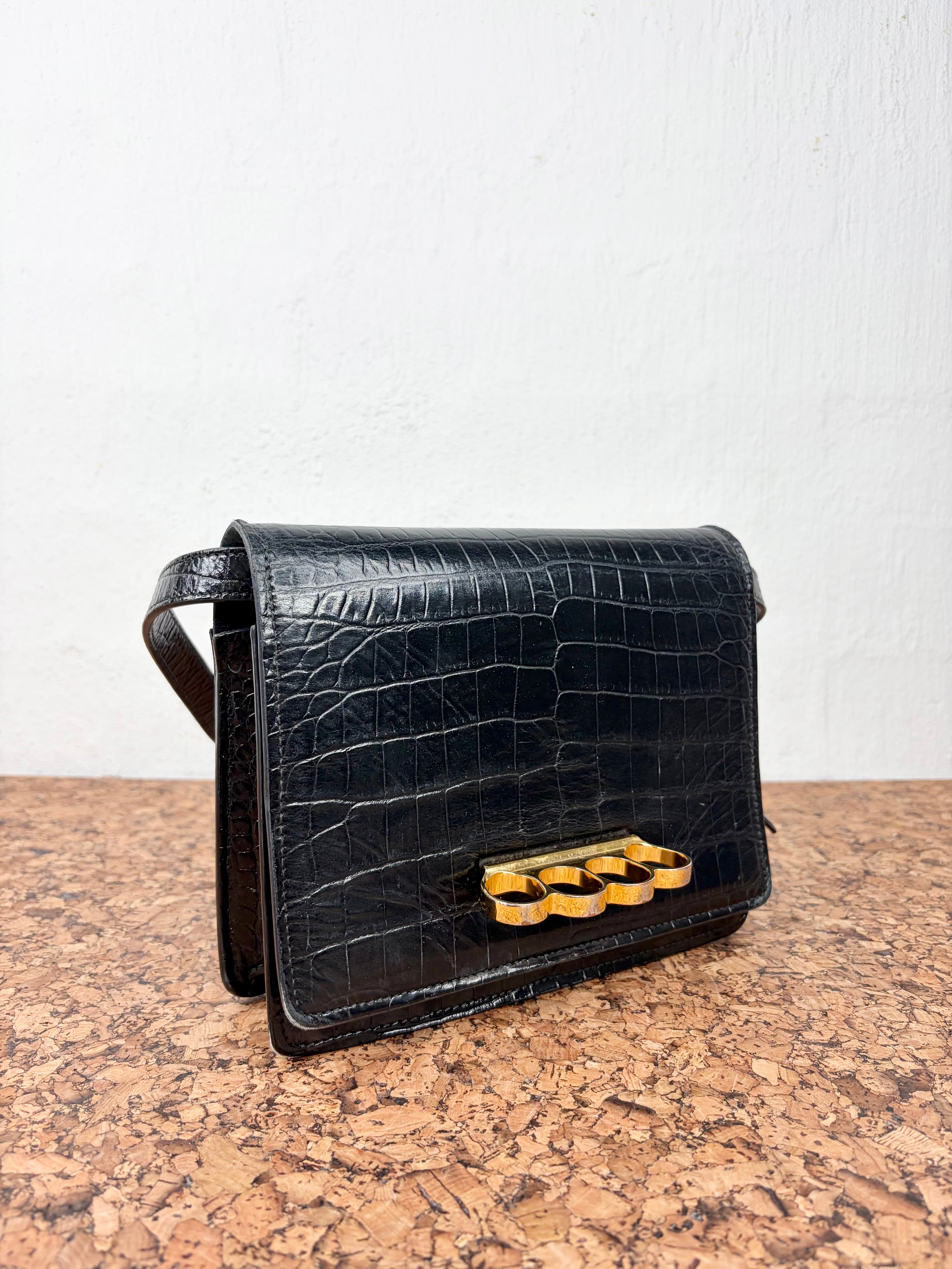 Alexander McQueen Black Croc Embossed 4 Ring Satchel