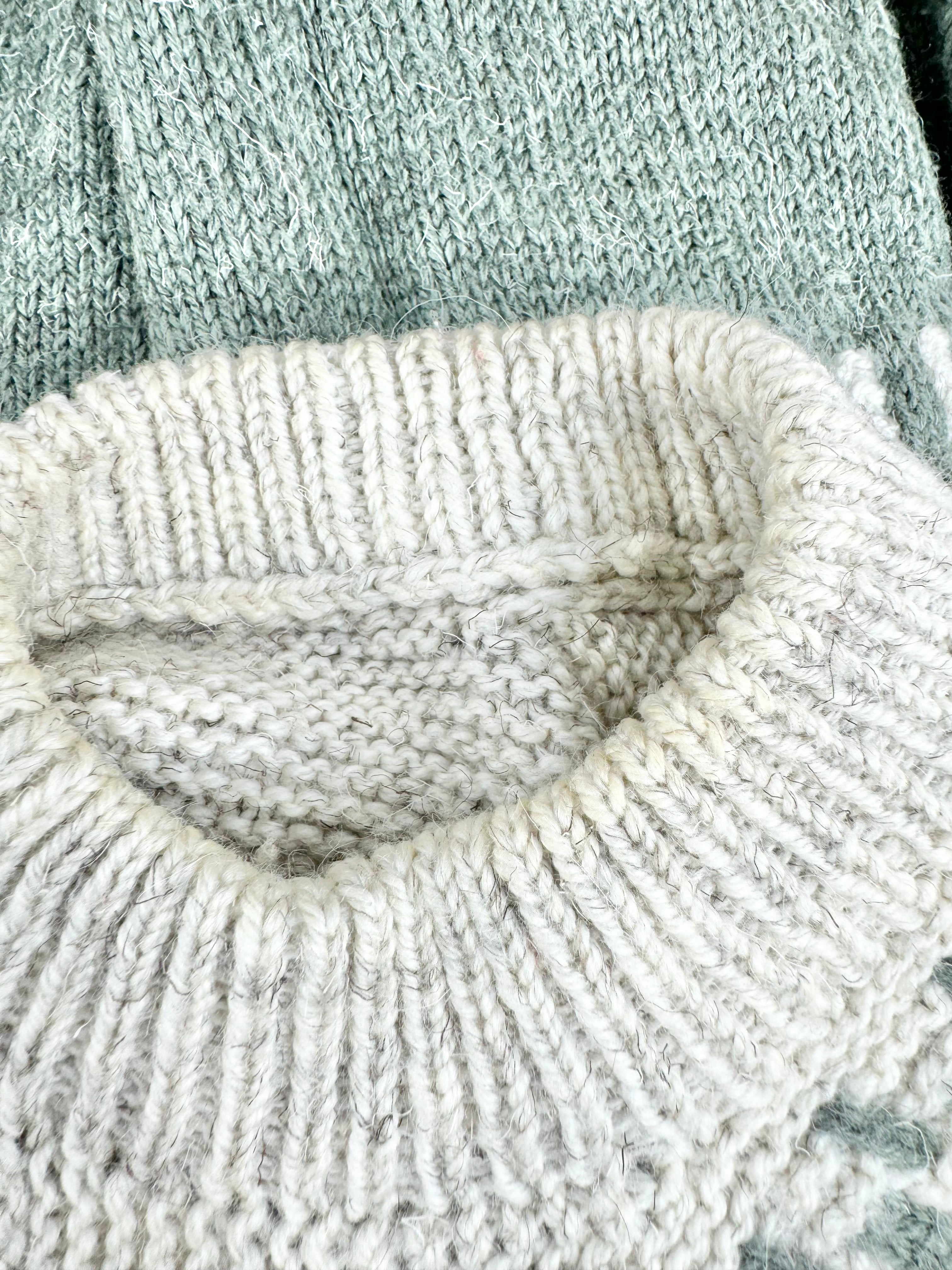 Hand-Made Sage Green & White Knitted Jumper - AU6/8