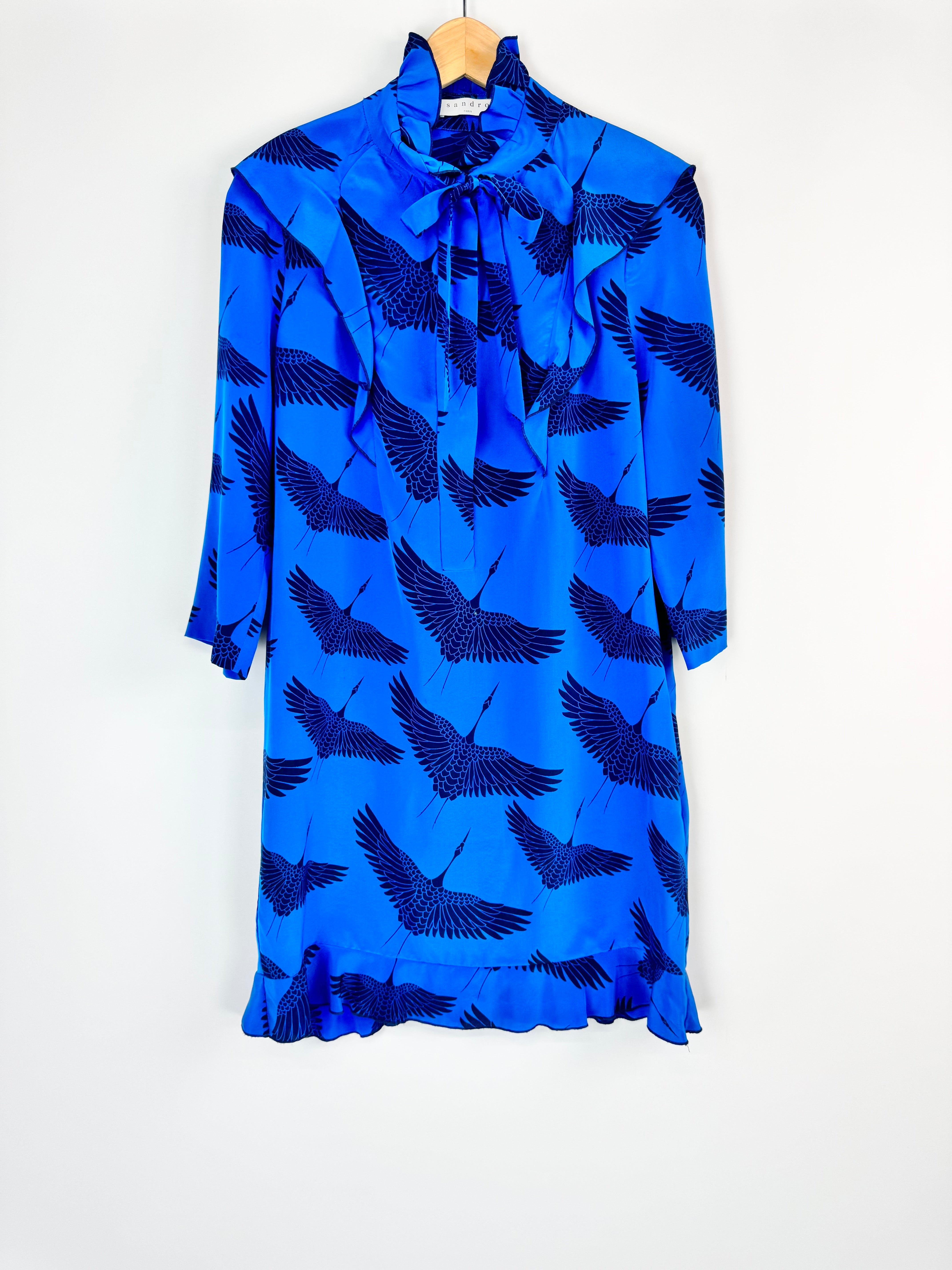 Sandro Paris Blue Crane Print Silk Dress - AU8/10