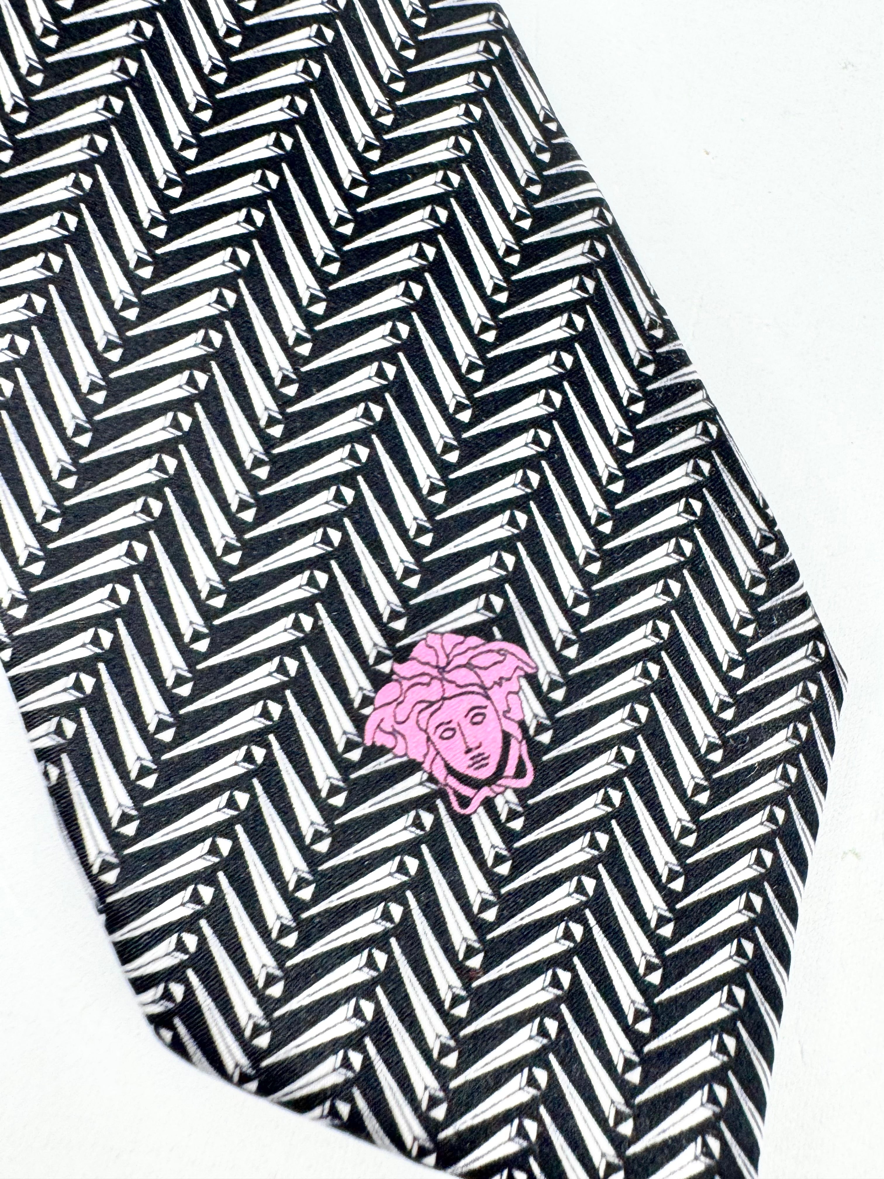 Versace Black & White Patterned Silk Tie