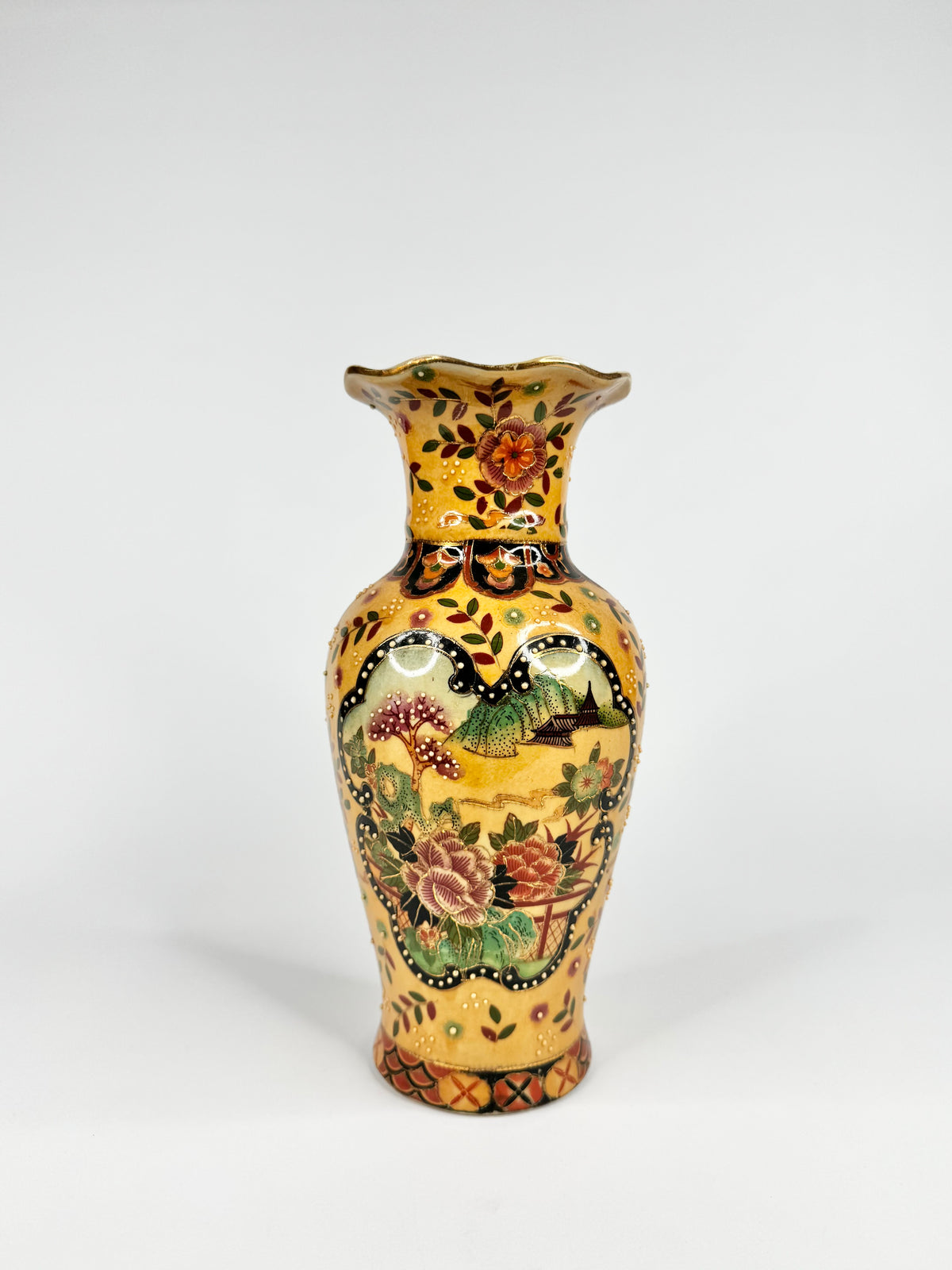 Vintage Japanese Style Floral Mustard & Imari-Inspired Decorative Ceramic Vase