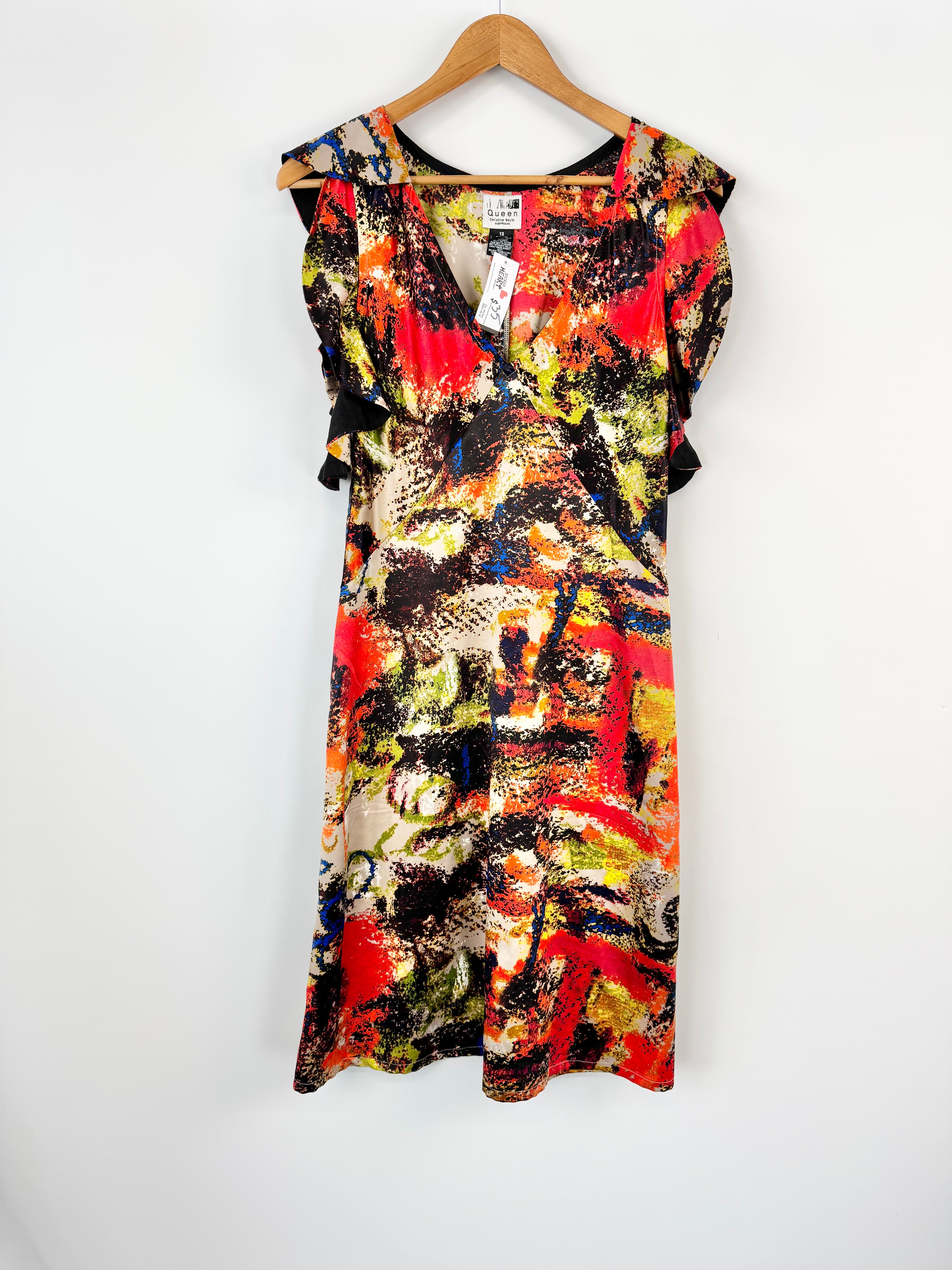 QUEEN BY CHRISTINE BOYLE RUFFLE SLEEVE JEWEL TONE MIDI DRESS - AU12