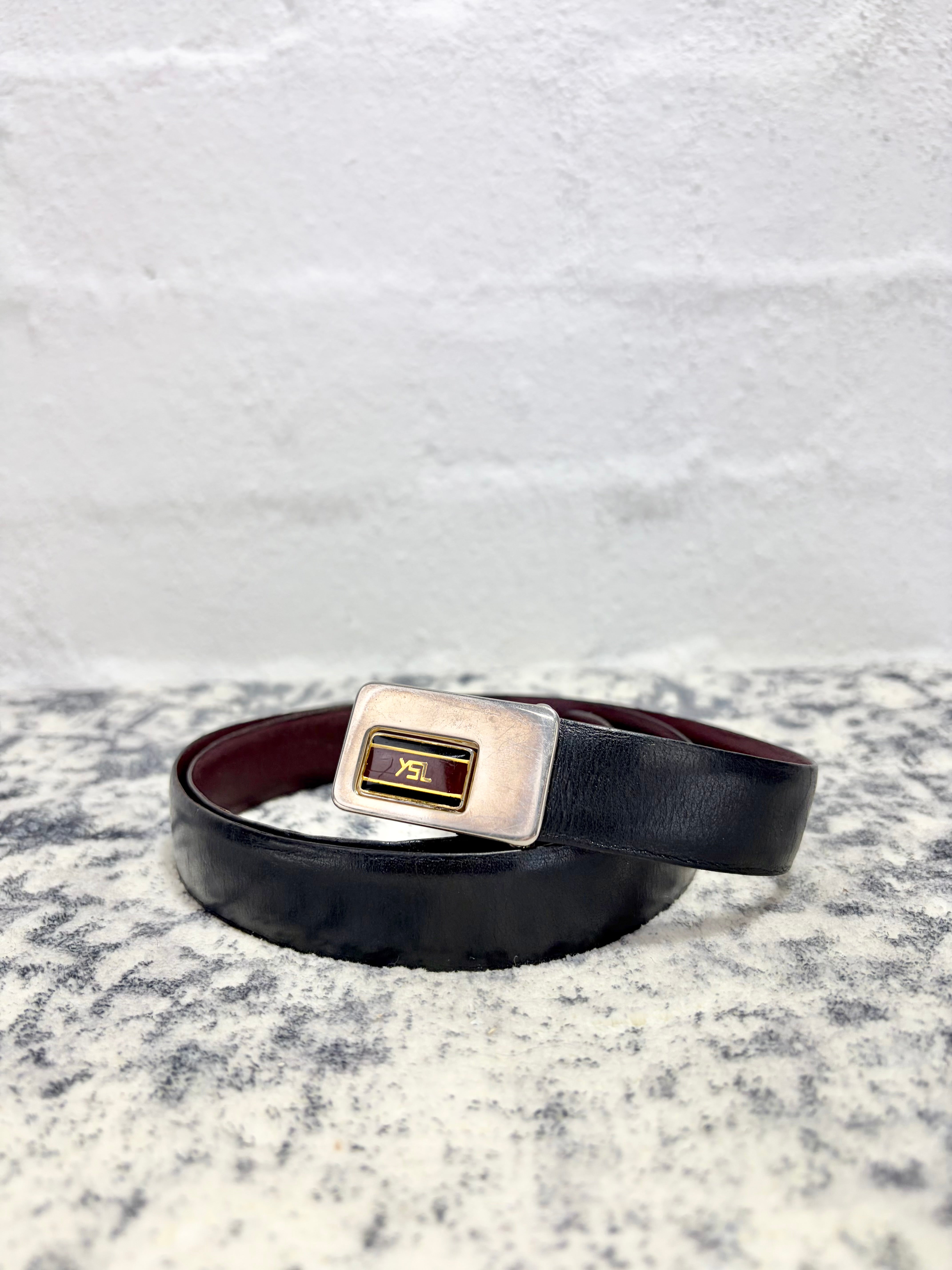 Vintage YSL Burgundy Leather & Gold Enamel Belt