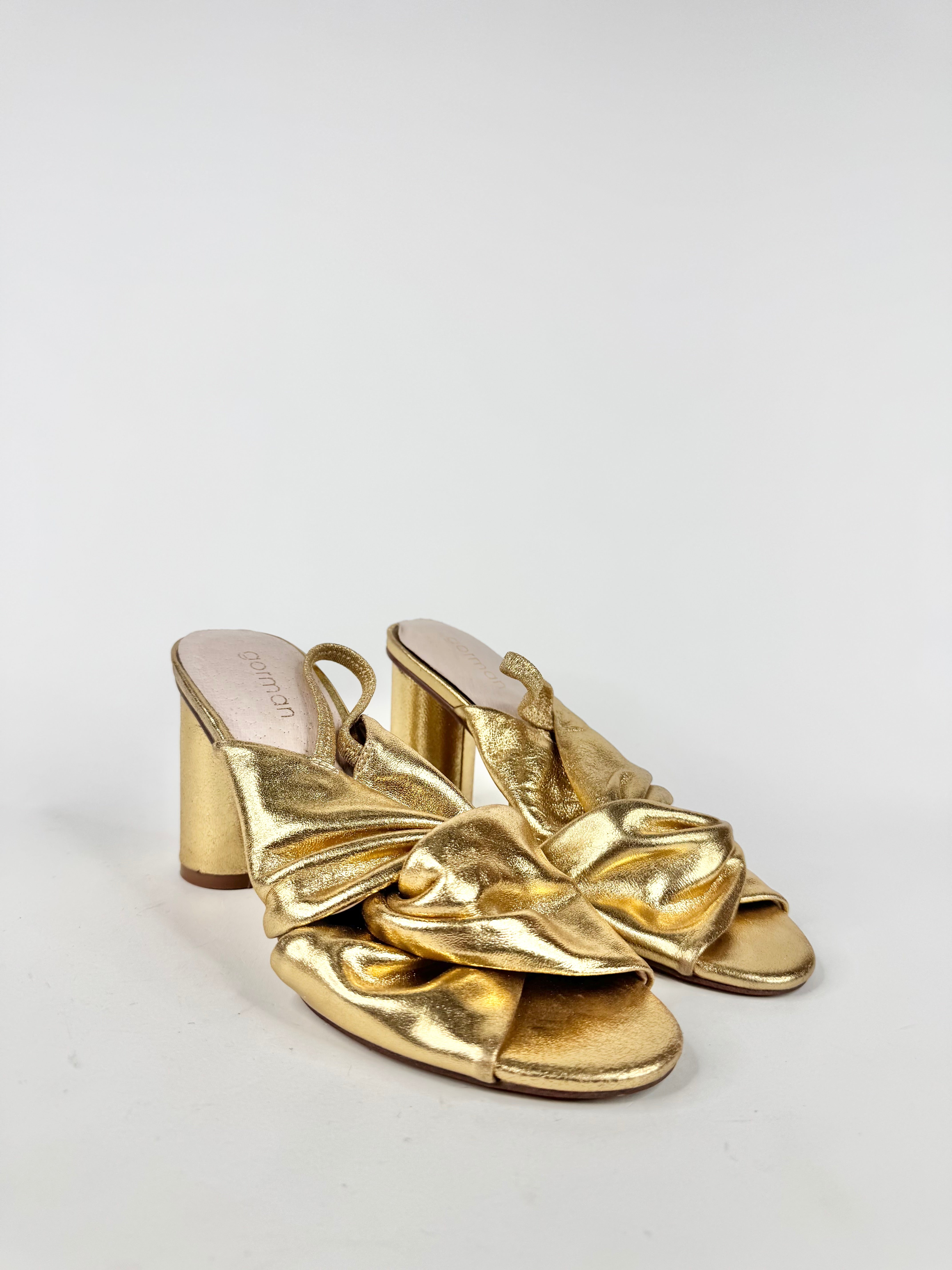 Gorman Metallic Gold Leather Knotted Bloc Heels - EU38