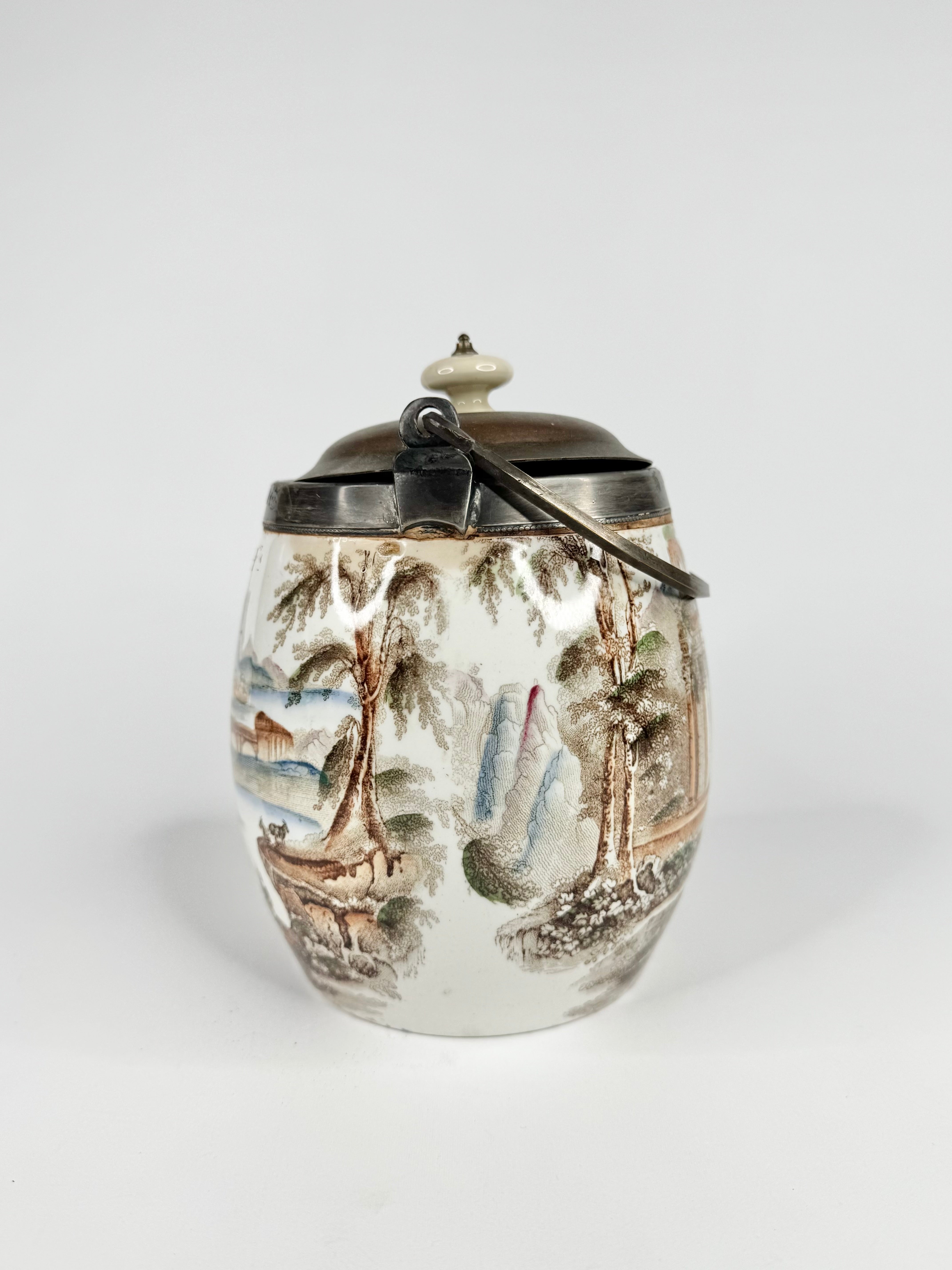 Vintage Transferware Biscuit Barrel with Metal Lid & Handle