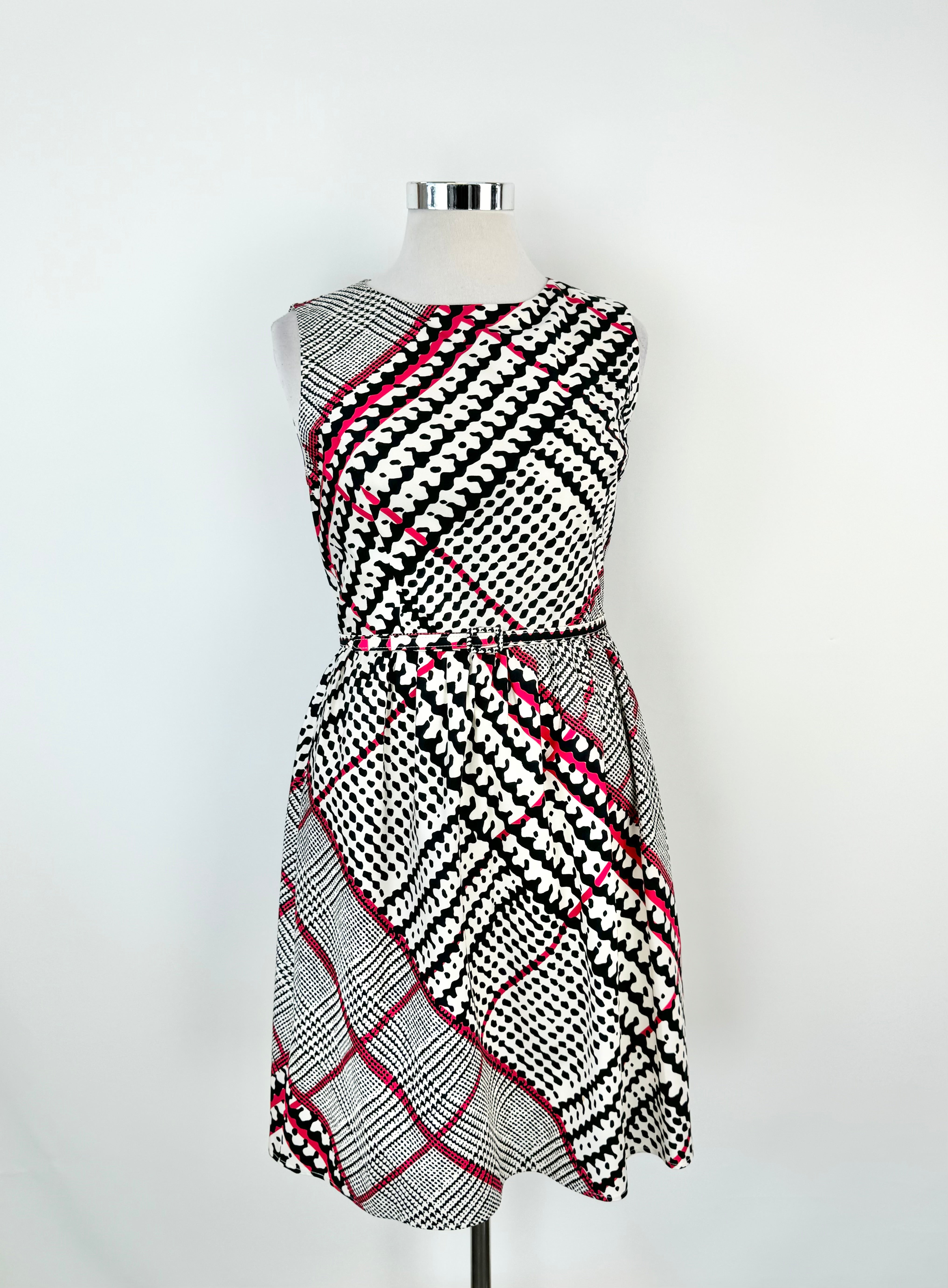 Oscar de la Renta White, Blue & Hot Pink Silk Midi Dress - AU12