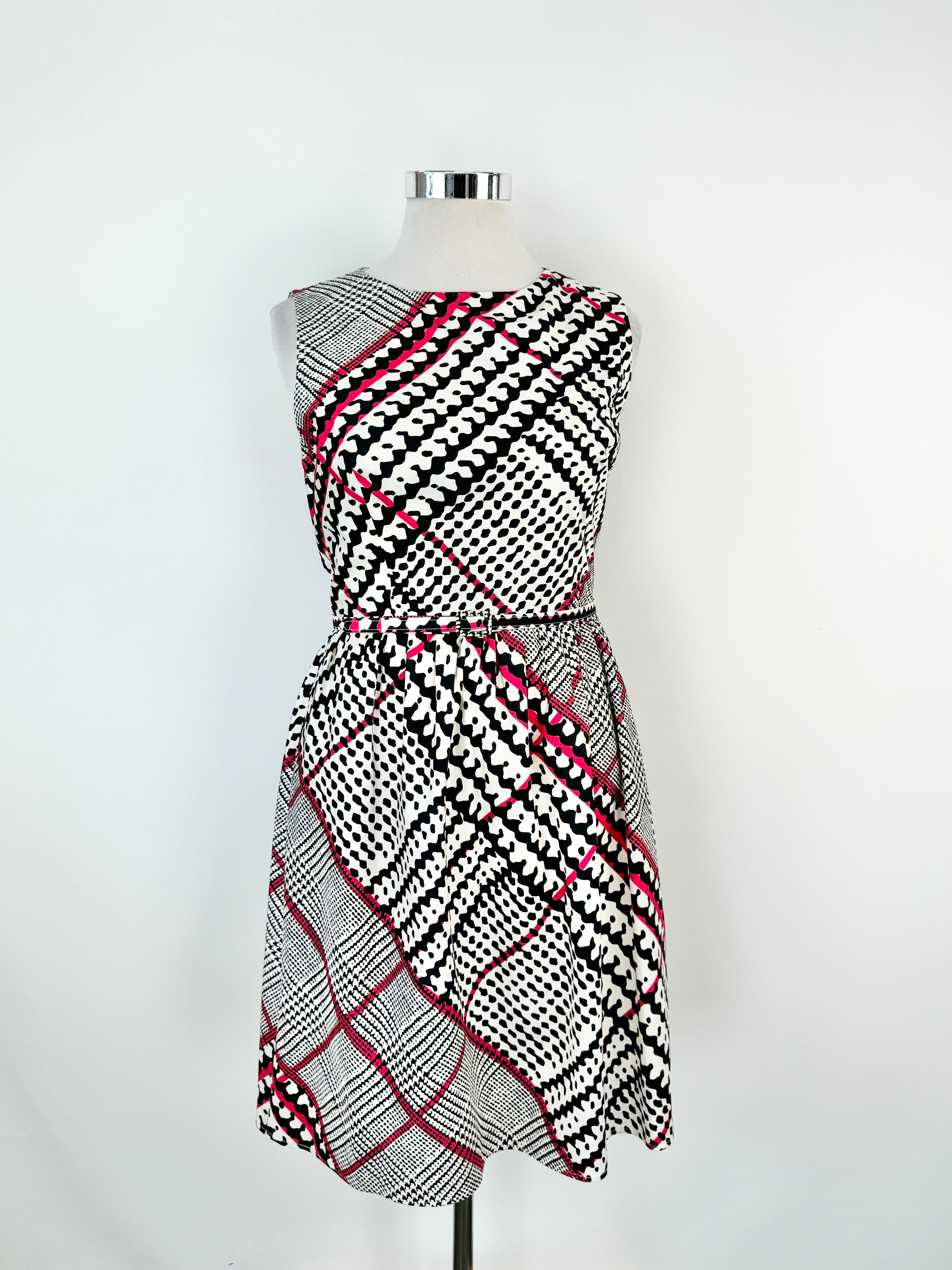 Oscar de la Renta White, Blue & Hot Pink Silk Midi Dress - AU12