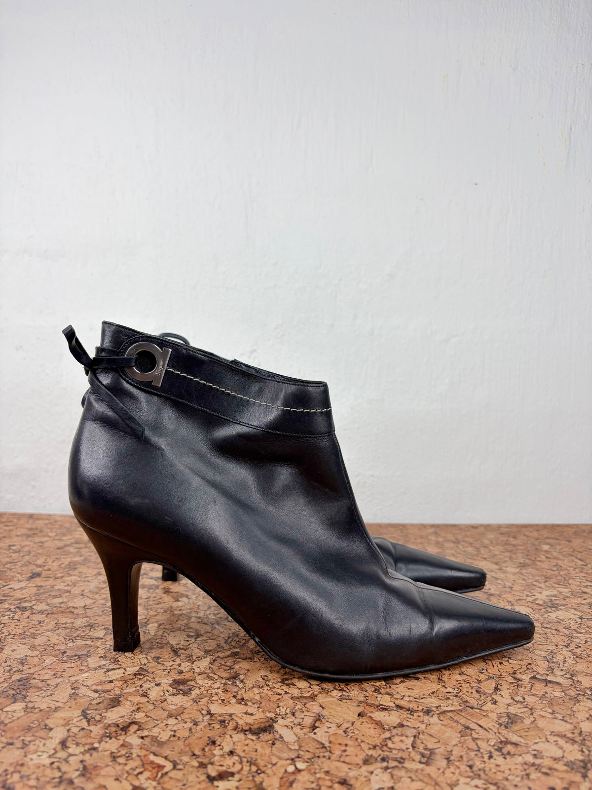Salvatore Ferragamo Smooth Black Leather Pointed Toe Ankle Boots - EU40