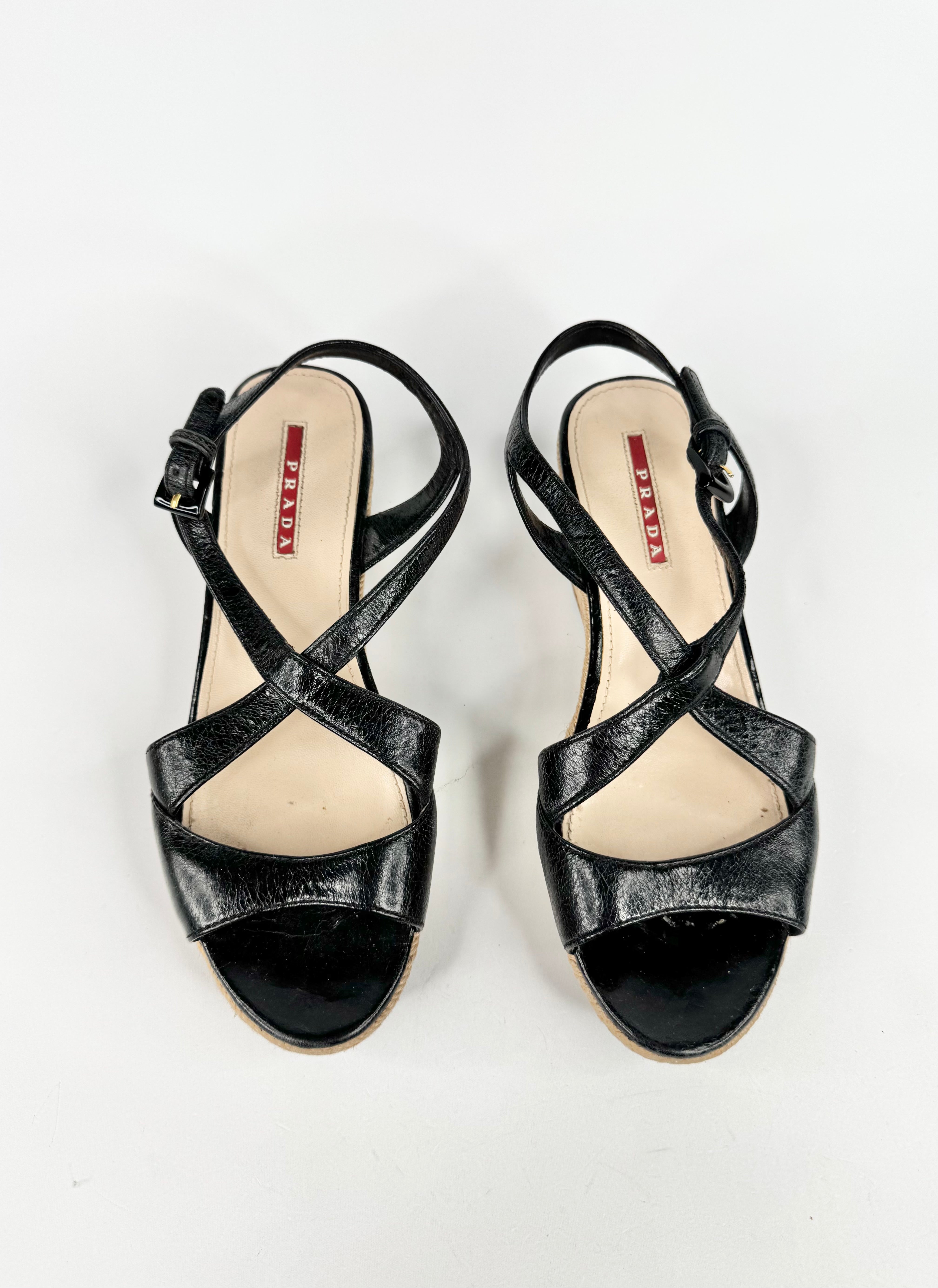 Prada Black Leather Peep Toe Cork Wedge Sandals - EU37.5