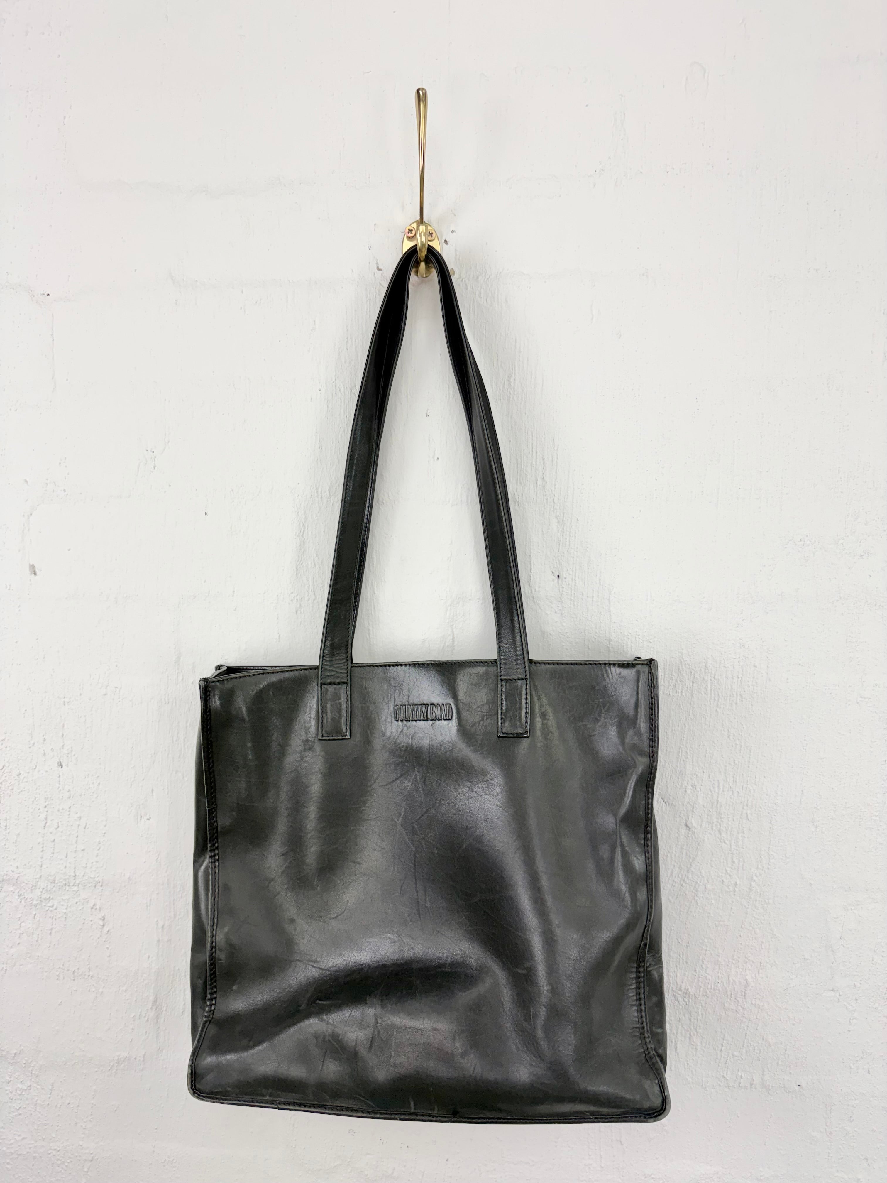 Vintage Country Road Black Leather Tote Bag