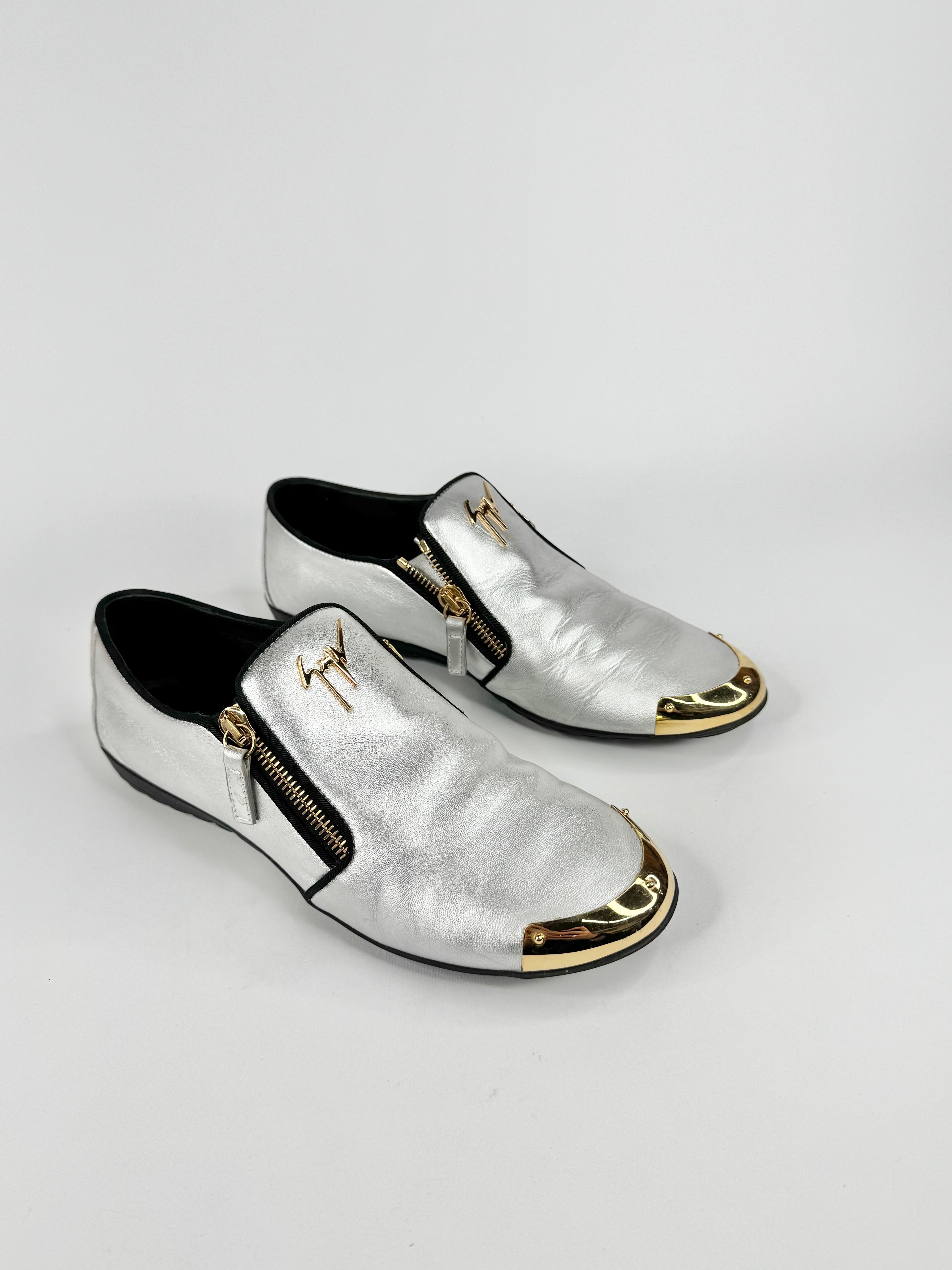 Giuseppe Zanotti Metallic Silver Leather Zip Up Slip Ons - EU38
